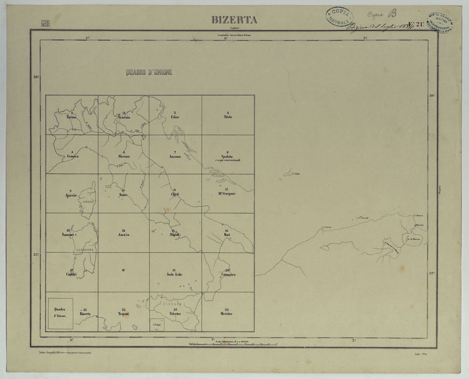 (N:17542) CARTA D'ITALIA COPIA AL CORRENTE PER LE FERROVIE - F.21 QUADRO D'UNIONE BIZERTA. (CA008078) Carte e stampe antiche: riproduzione a colori su carta (formato A1)