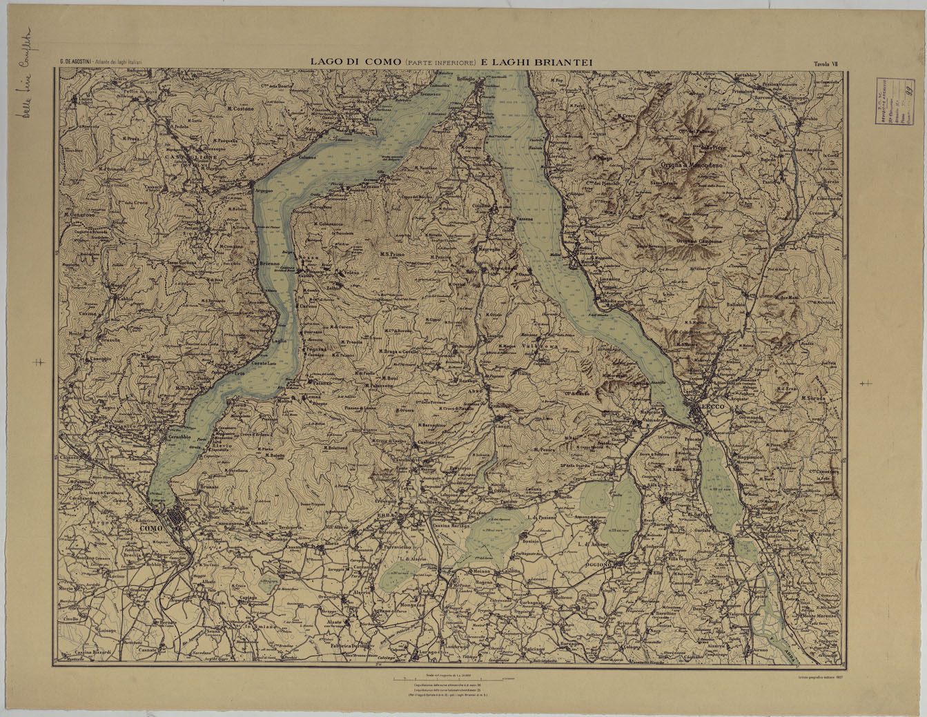(N:17680) ATLANTE DEI LAGHI ITALIANI TAV  VII  LAGO DI COMO (PARTE INFERIORE) E LAGHI BRIANTEI (CA008237) Carte e stampe antiche: riproduzione a colori su carta (formato A1)