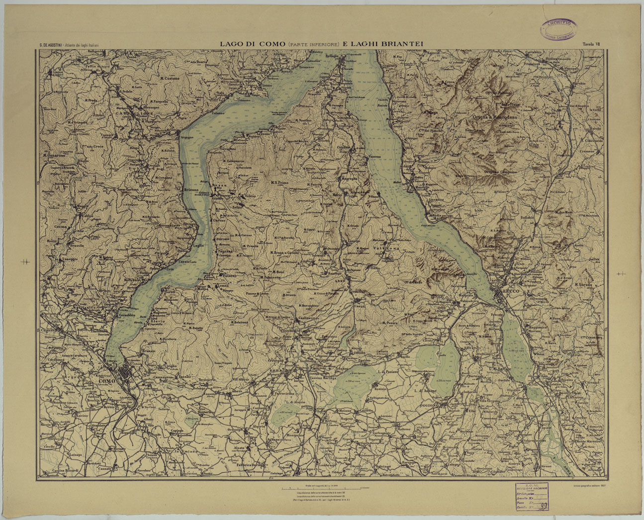 (N:25419) ATLANTE DEI LAGHI ITALIANI TAV  VII  2 COPIA LAGO DI COMO (PARTE INFERIORE) E LAGHI BRIANTEI (CA008252) Carte e stampe antiche: riproduzione a colori su carta (formato A1)