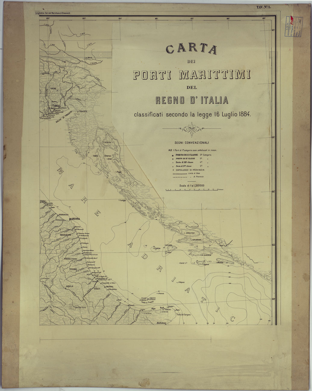 (N:17715) CARTA DEI PORTI MARITTIMI DEL REGNO D'ITALIA - Tavola n. 1 (CA008263) Carte e stampe antiche: riproduzione a colori su carta (formato A1)