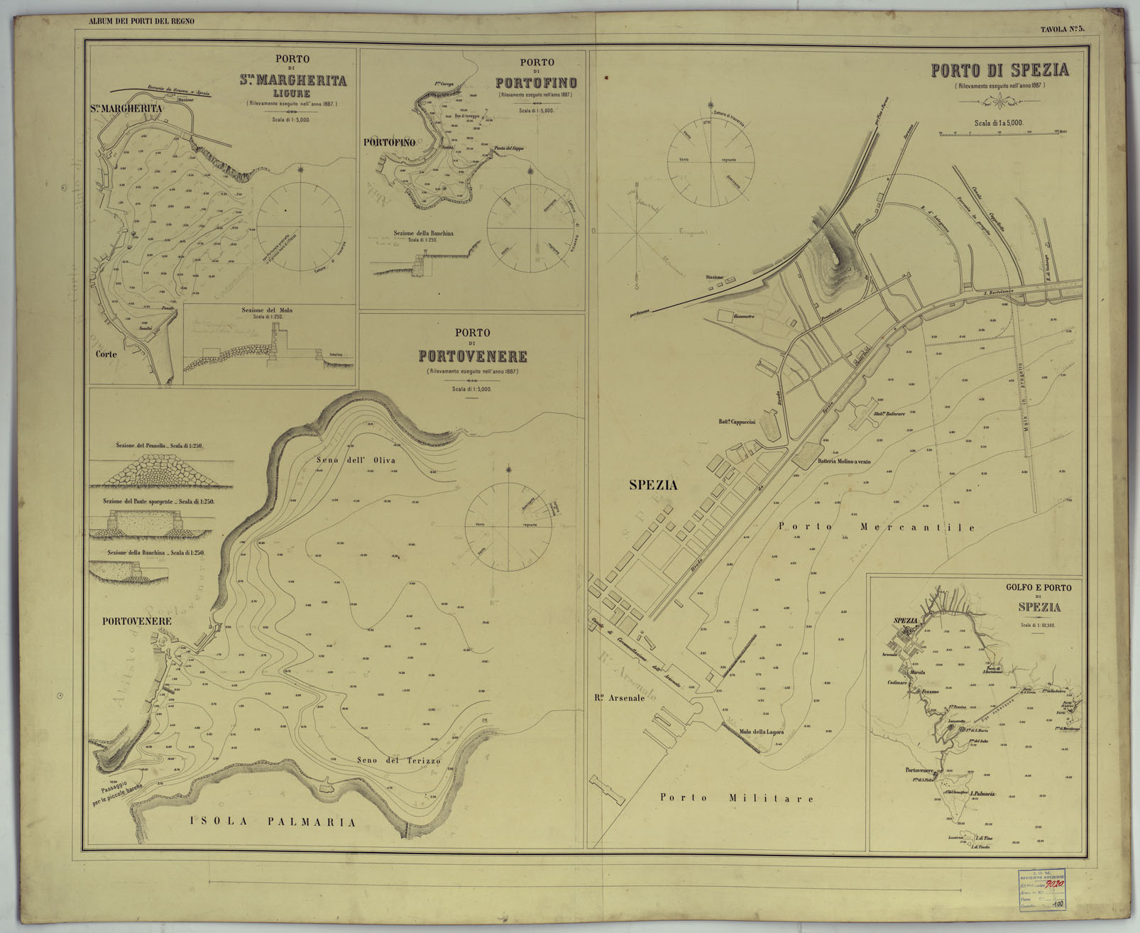 (N:17728) CARTA DEI PORTI MARITTIMI DEL REGNO D'ITALIA -Tavola n. 5 (CA008269) Carte e stampe antiche: riproduzione a colori su carta (formato A1)