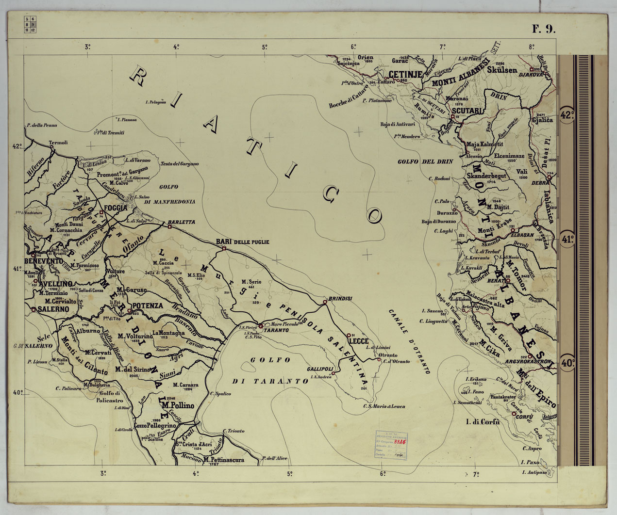(N:17794) CARTA SCOLASTICA FISICA AD USO DELLE SCUOLE MILITARI - FOGLIO 9. (CA008349) Carte e stampe antiche: riproduzione a colori su carta (formato A1)