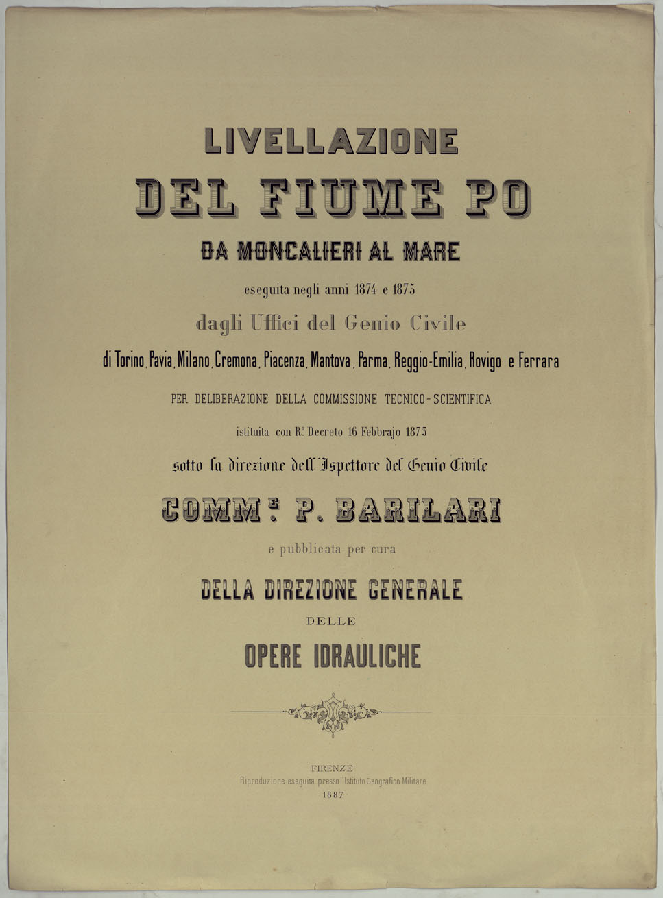 (N:25481) MINISTERO DEI LAVORI PUBBLICI DIREZIONE GENERALE DELLE OPERE IDRAULICHE LIVELLAZIONE DEL FIUME PO ESEGUITA NEL 1874-75. (CA008373) Carte e stampe antiche: riproduzione a colori su carta (formato A1)
