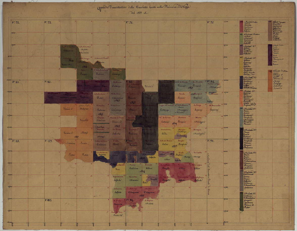 (N:16596) TERRITORIO DELLA CONTEA DI NIZZA - QUADRO DIMOSTRATIVO DELLE TAVOLETTE LEVATE NELLA DIVISIONE  DI NIZZA DAL 1833 AL. (CA008417) Carte e stampe antiche: riproduzione a colori su carta (formato A1)