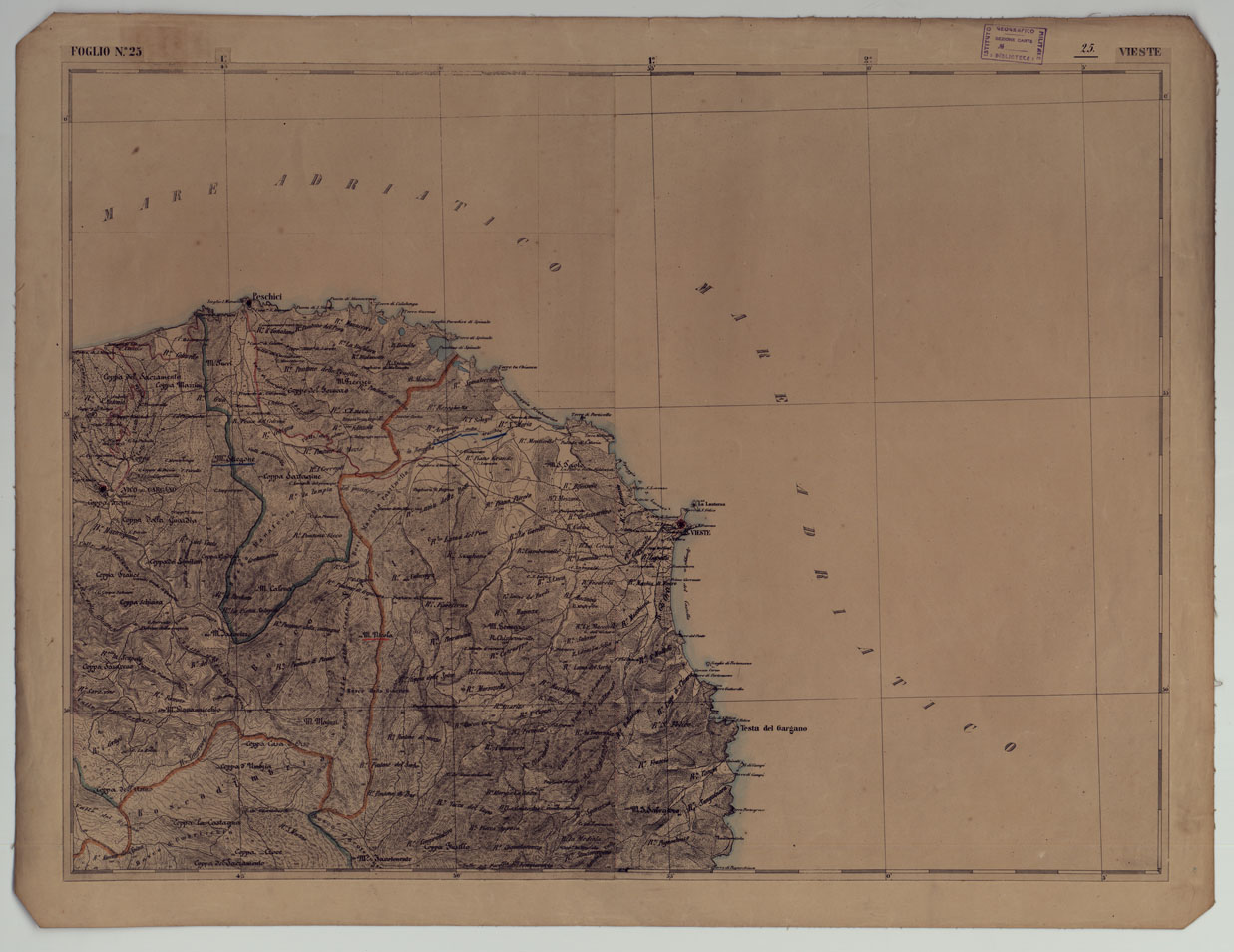 (N:17864) CARTA D'ITALIA - FOGLIO 25 VIESTE.
 (CA008563) Carte e stampe antiche: riproduzione a colori su carta (formato A1)