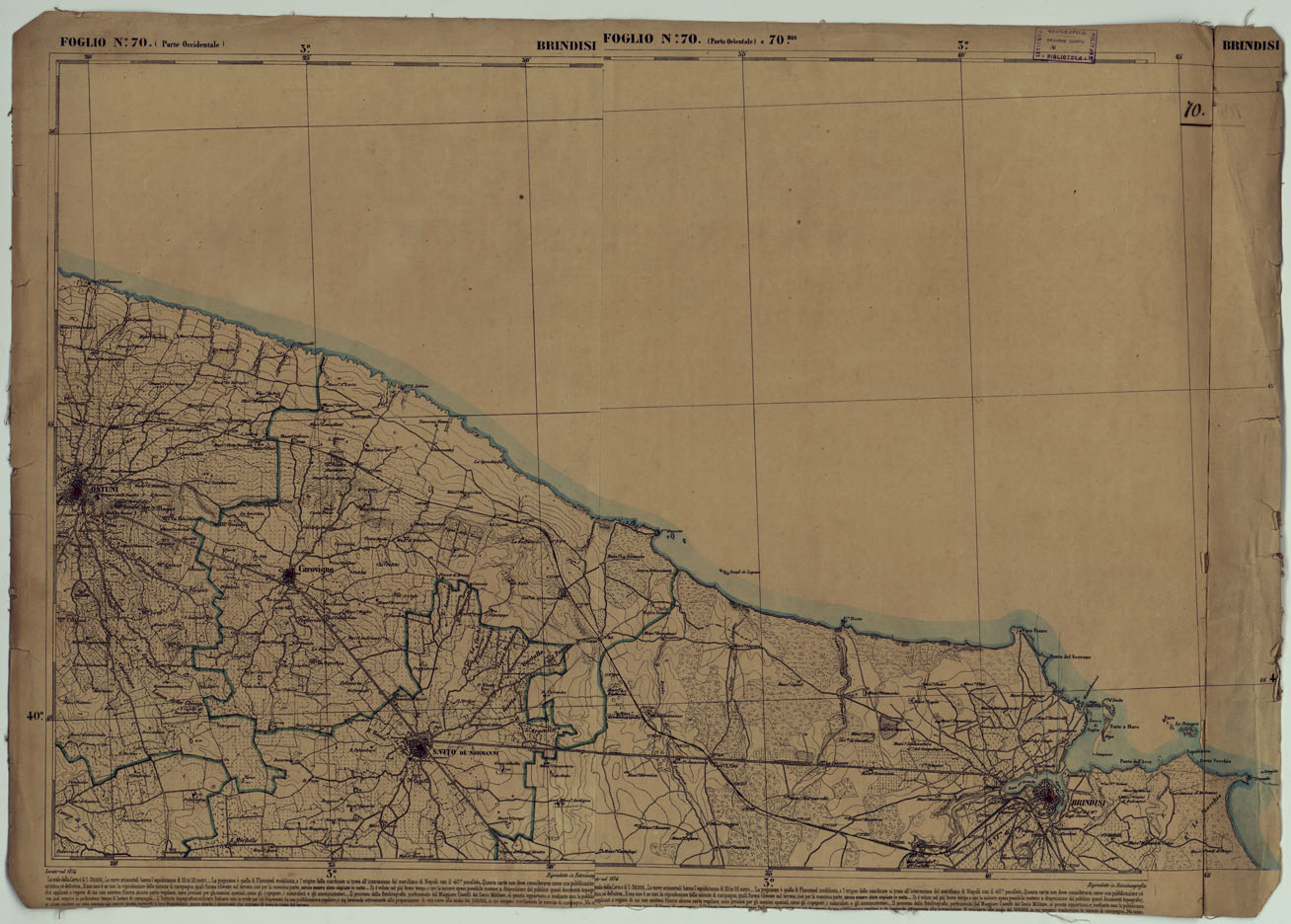 (N:17906) CARTA D'ITALIA - FOGLIO 70 BRINDISI.
 (CA008608) Carte e stampe antiche: riproduzione a colori su carta (formato A1)