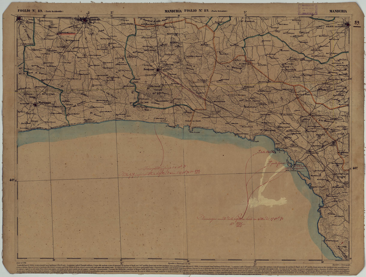 (N:17926) CARTA D'ITALIA - FOGLIO 89 MANDURIA.
 (CA008627) Carte e stampe antiche: riproduzione a colori su carta (formato A1)