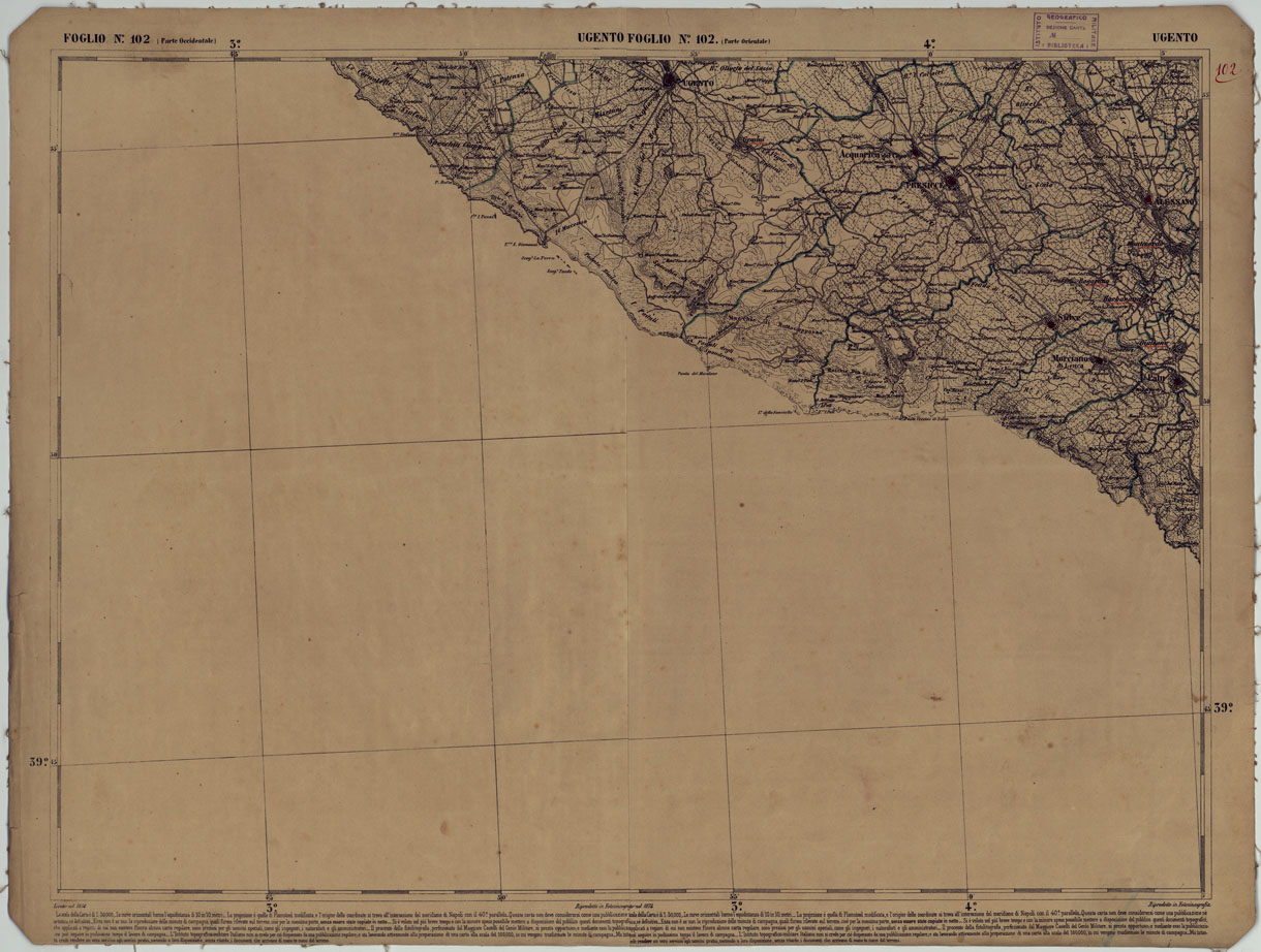 (N:17939) CARTA D'ITALIA - FOGLIO 102 UGENTO.
 (CA008640) Carte e stampe antiche: riproduzione a colori su carta (formato A1)