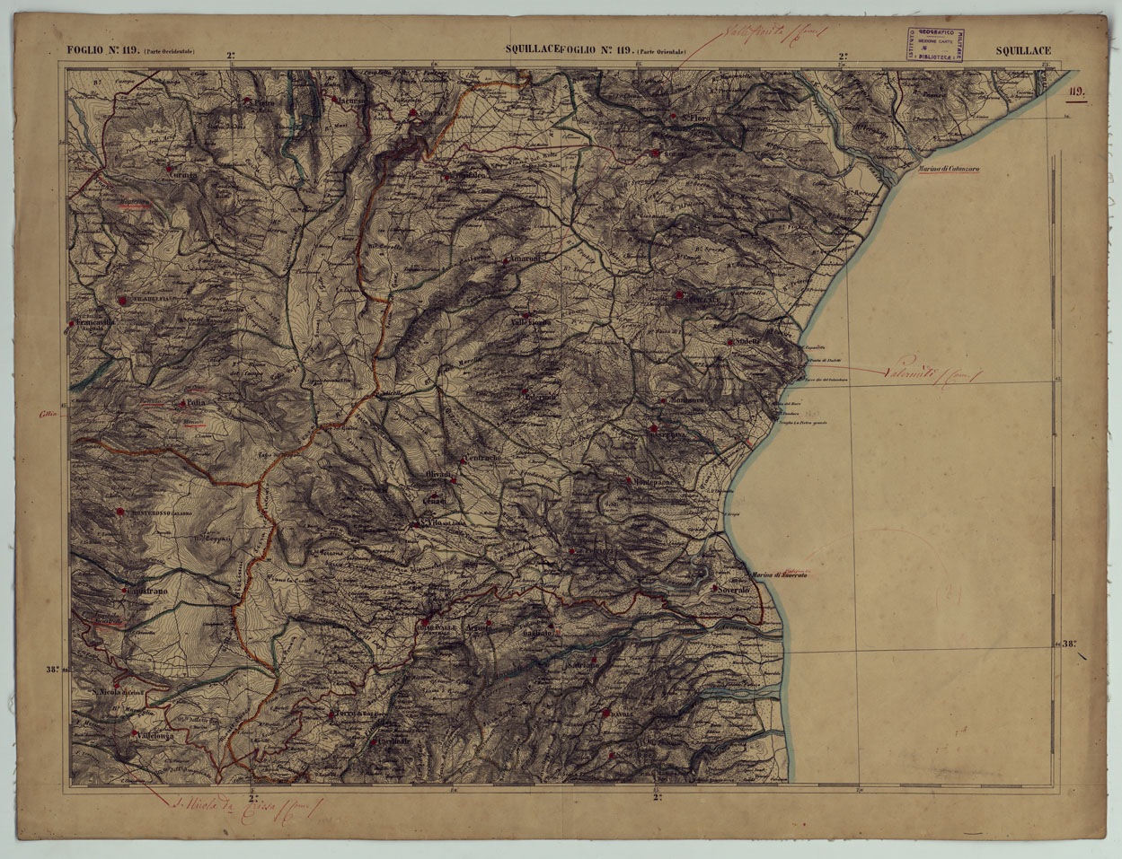 (N:17955) CARTA D'ITALIA - FOGLIO 119 SQUILLACE.
 (CA008659) Carte e stampe antiche: riproduzione a colori su carta (formato A1)