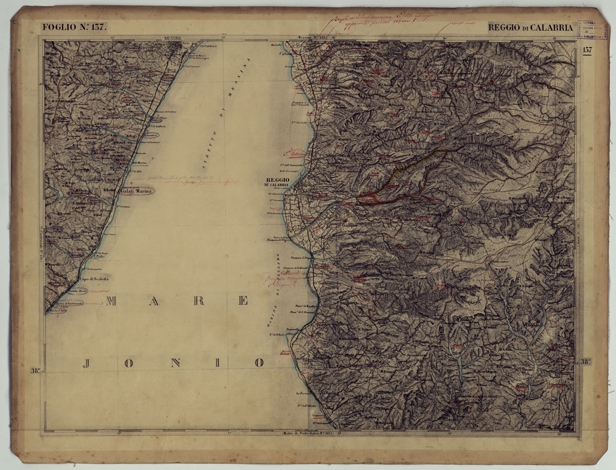 (N:17961) CARTA D'ITALIA - FOGLIO 137 REGGIO DI CALABRIA.
 (CA008666) Carte e stampe antiche: riproduzione a colori su carta (formato A1)