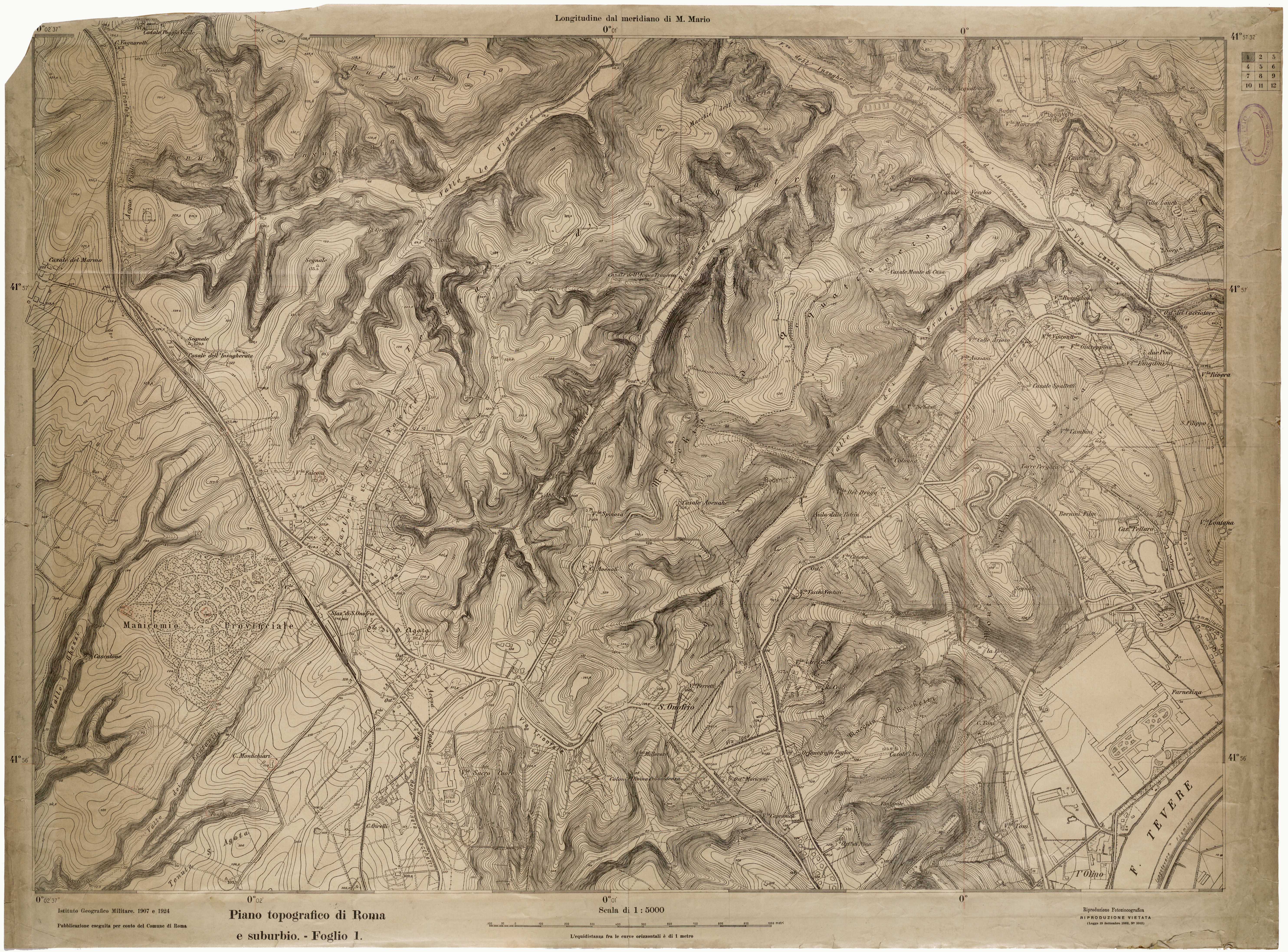 (N:25610) PIANO TOPOGRAFICO DI ROMA E SUBURBIO - FOGLIO 1 (CA008809) Carte e stampe antiche: riproduzione a colori su carta (formato A1)