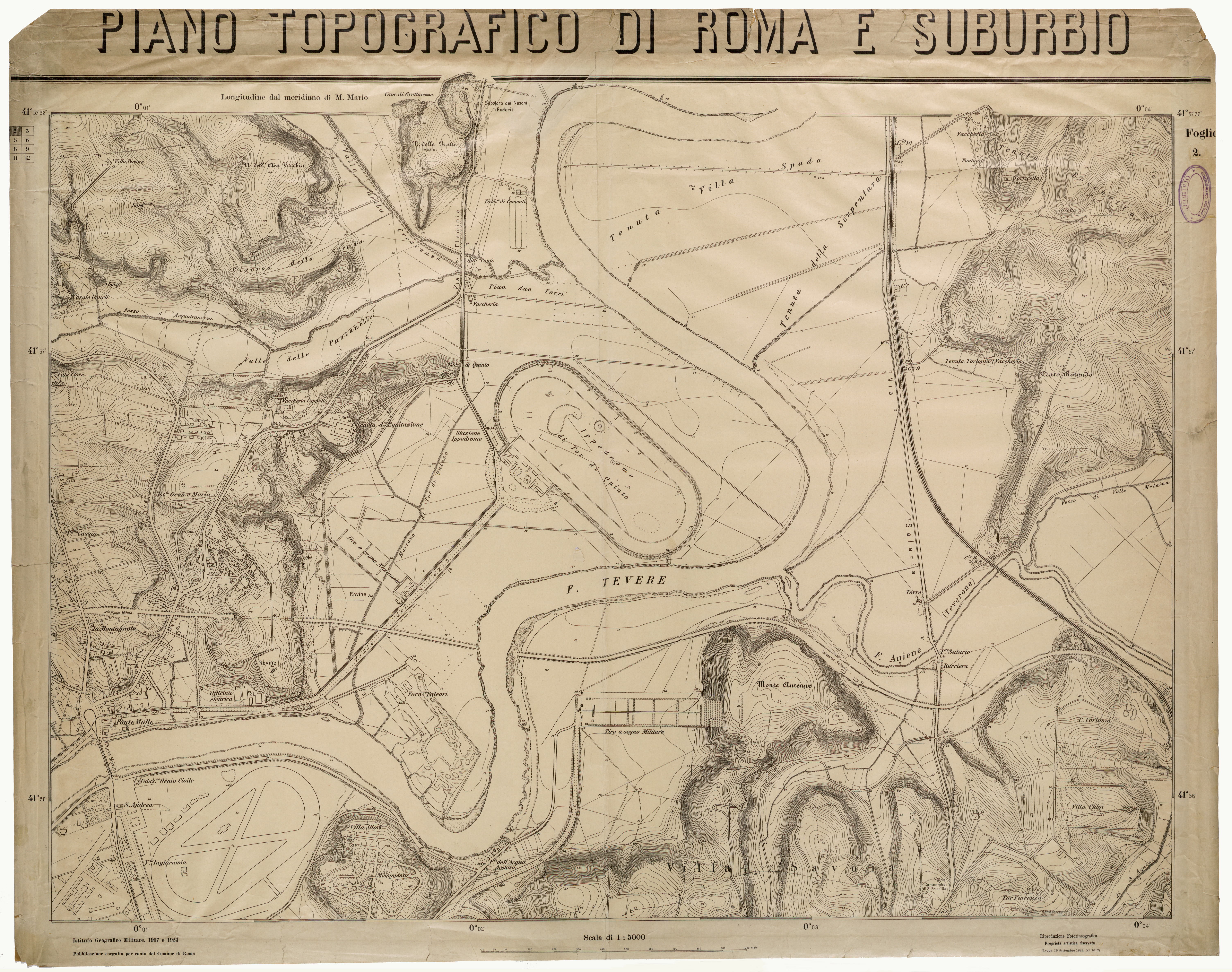 (N:25612) PIANO TOPOGRAFICO DI ROMA E SUBURBIO - FOGLIO 2 (CA008811) Carte e stampe antiche: riproduzione a colori su carta (formato A1)