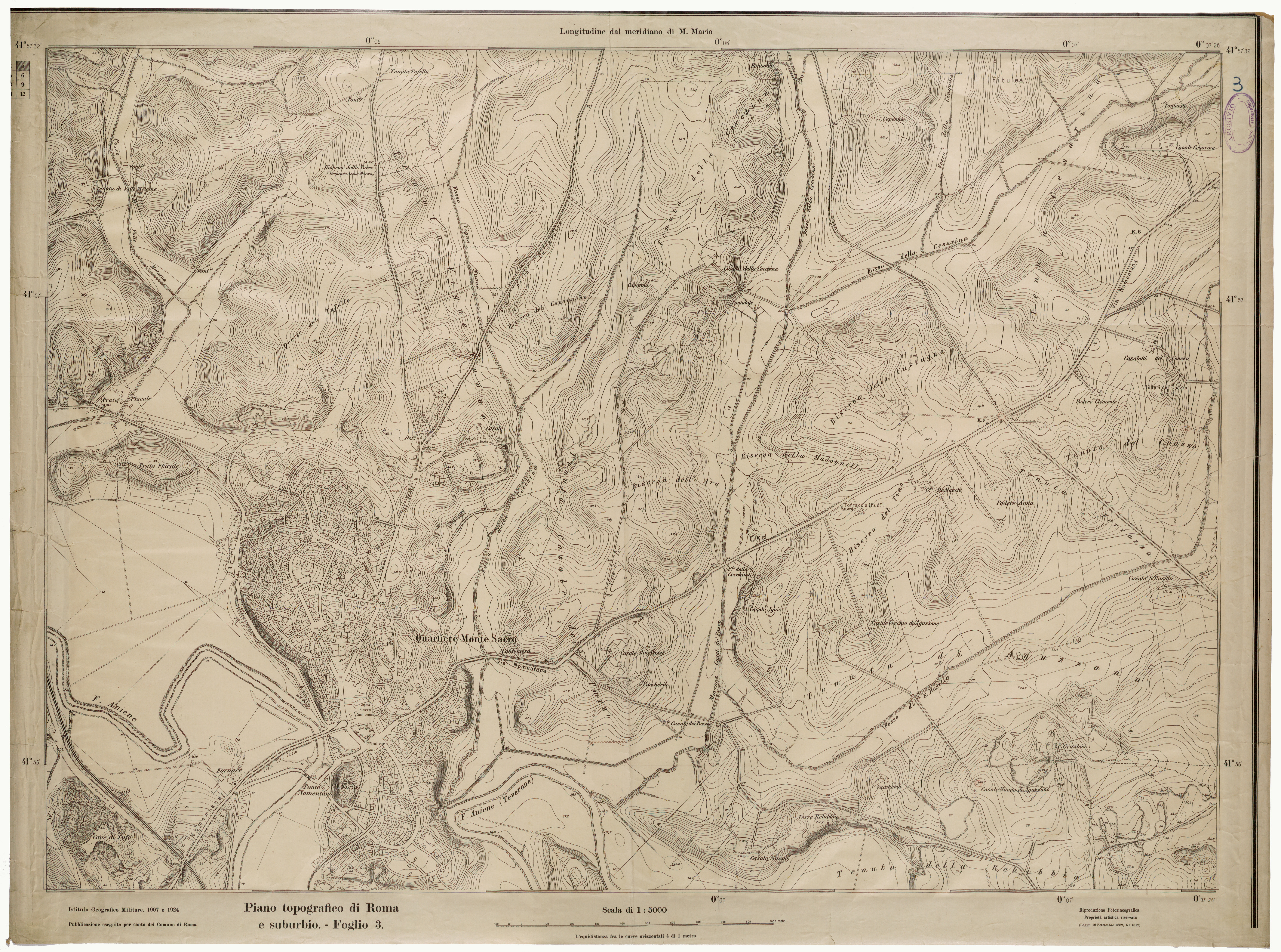 (N:25614) PIANO TOPOGRAFICO DI ROMA E SUBURBIO - FOGLIO 3 (CA008813) Carte e stampe antiche: riproduzione a colori su carta (formato A1)