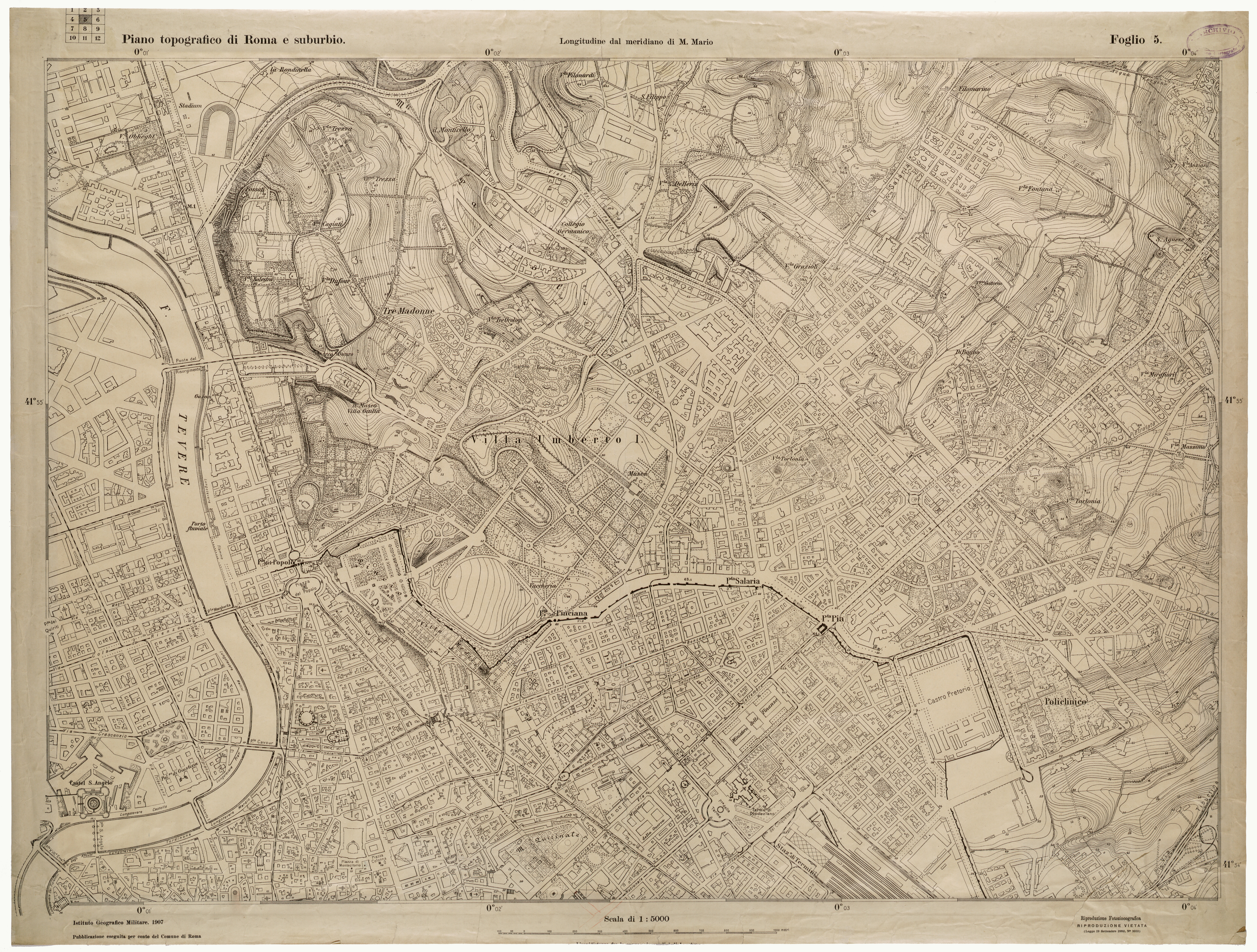 (N:25618) PIANO TOPOGRAFICO DI ROMA E SUBURBIO - FOGLIO 5 (CA008817) Carte e stampe antiche: riproduzione a colori su carta (formato A1)