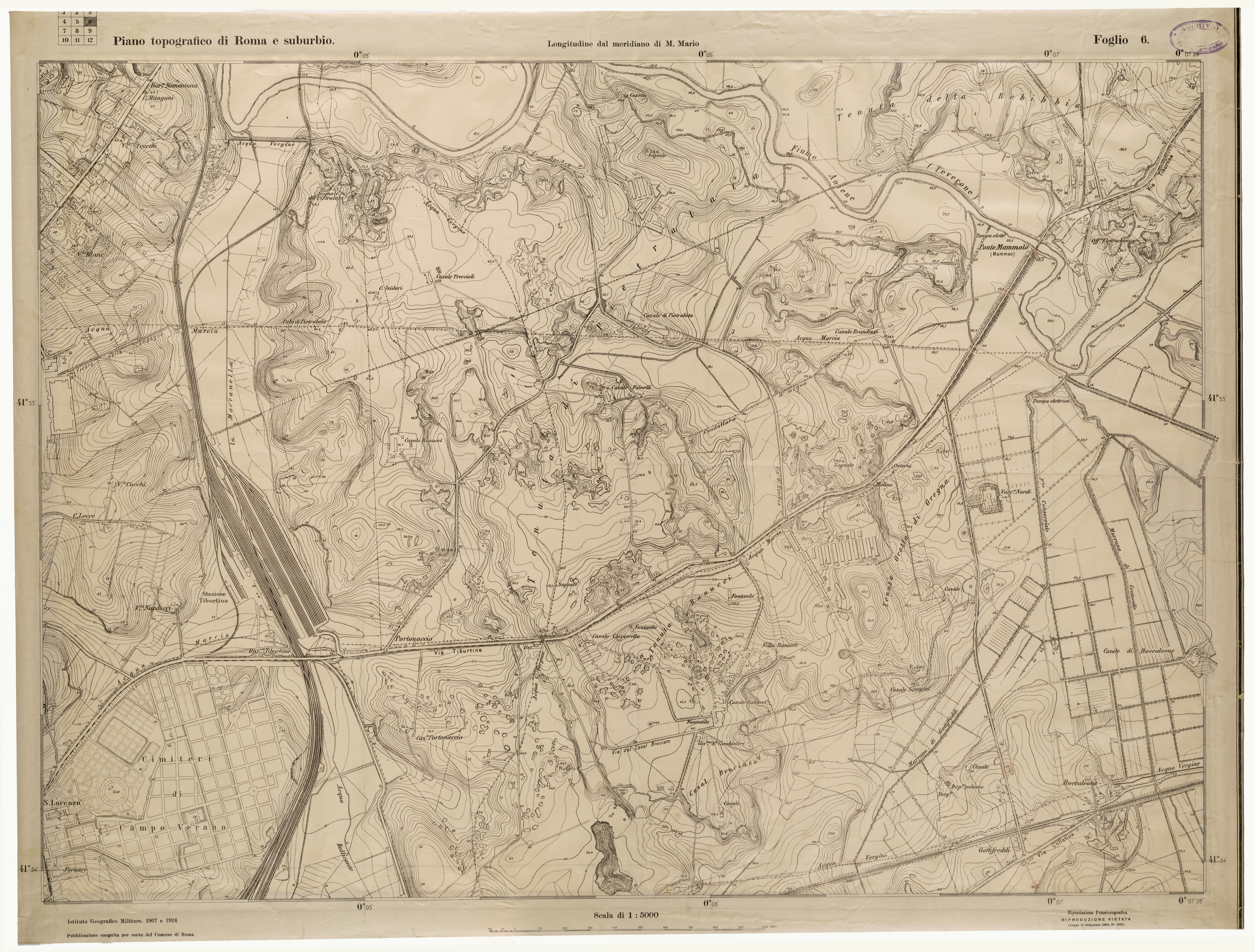 (N:25620) PIANO TOPOGRAFICO DI ROMA E SUBURBIO - FOGLIO 6 (CA008819) Carte e stampe antiche: riproduzione a colori su carta (formato A1)