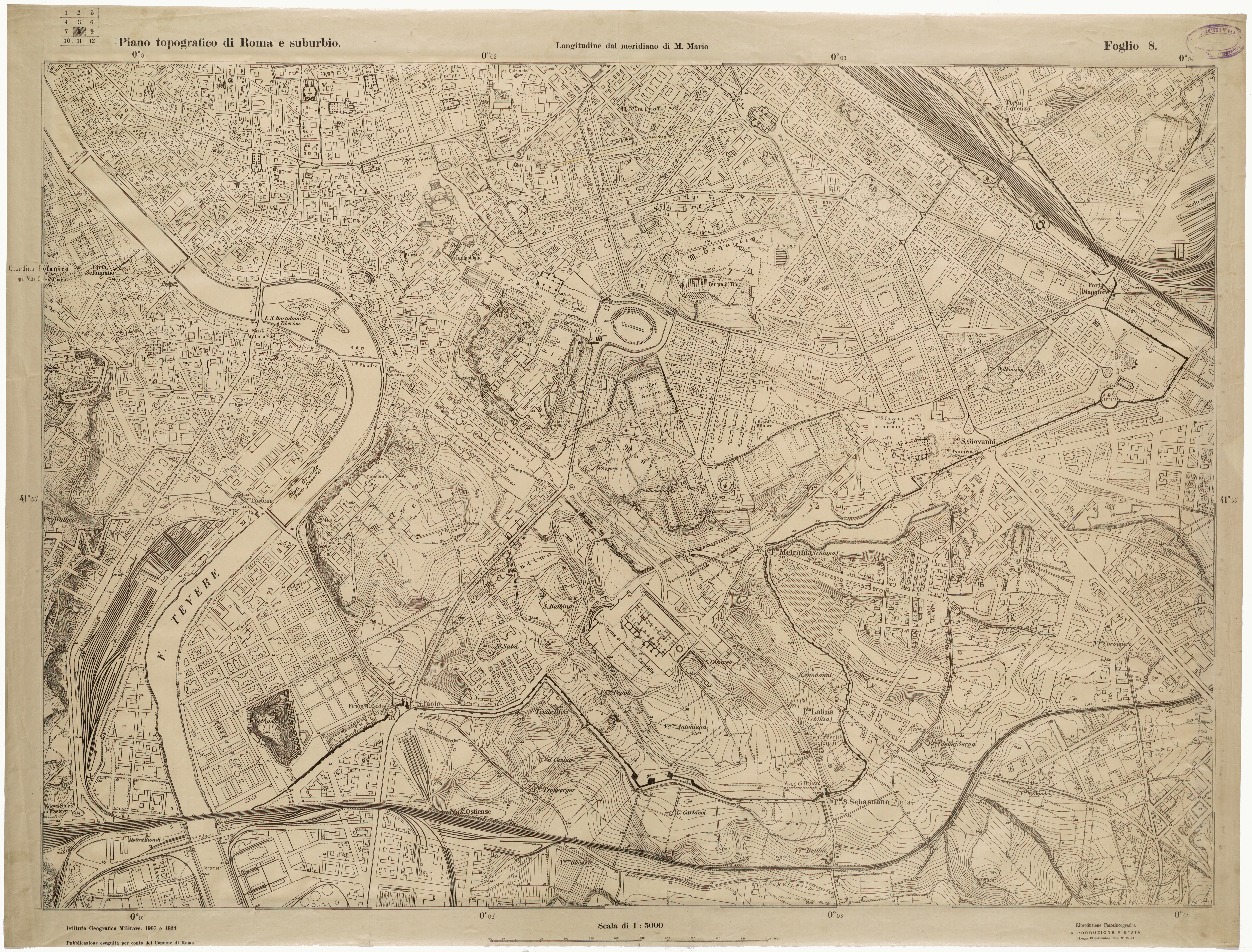 (N:25624) PIANO TOPOGRAFICO DI ROMA E SUBURBIO - FOGLIO 8 (CA008823) Carte e stampe antiche: riproduzione a colori su carta (formato A1)