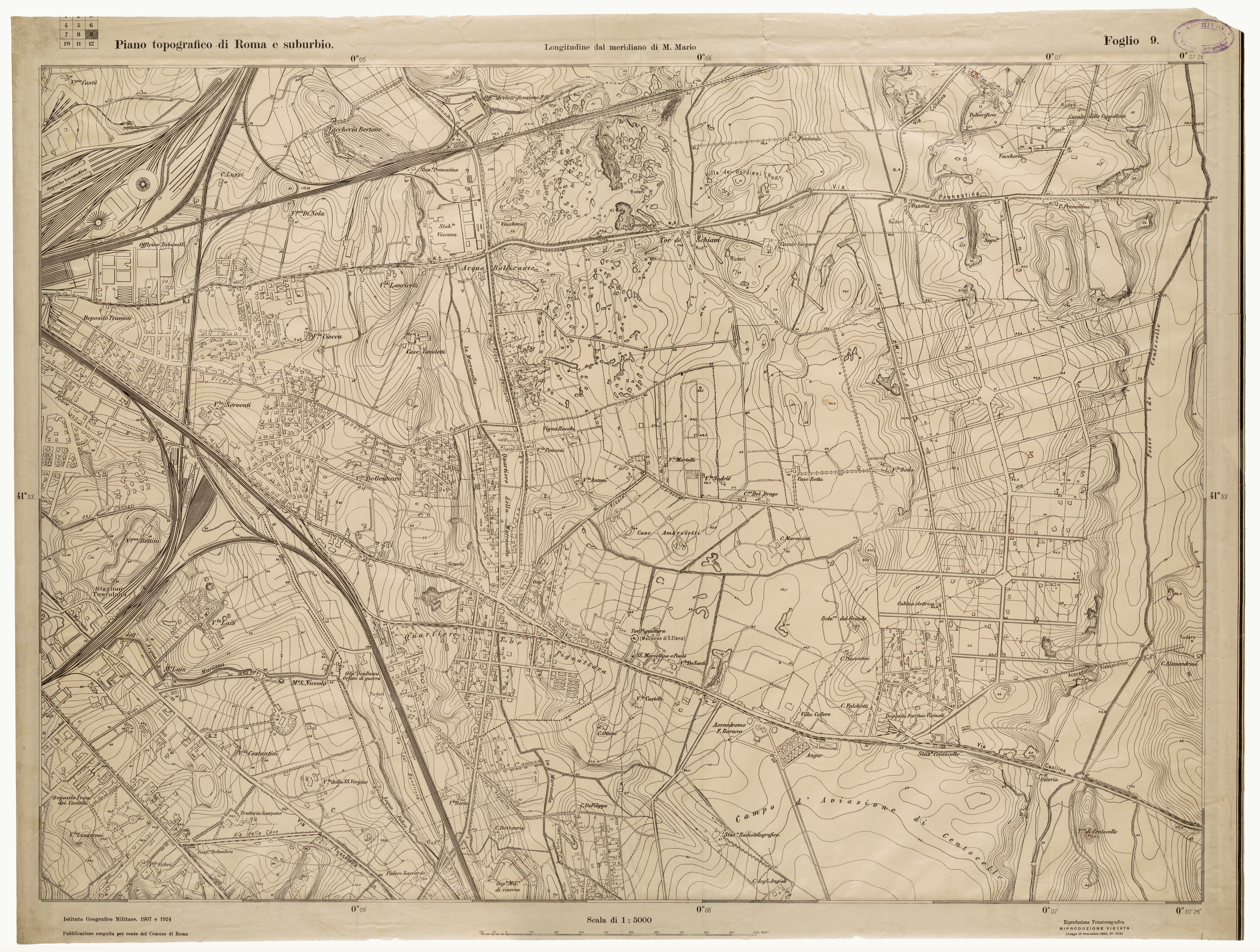 (N:25626) PIANO TOPOGRAFICO DI ROMA E SUBURBIO - FOGLIO 9 (CA008825) Carte e stampe antiche: riproduzione a colori su carta (formato A1)