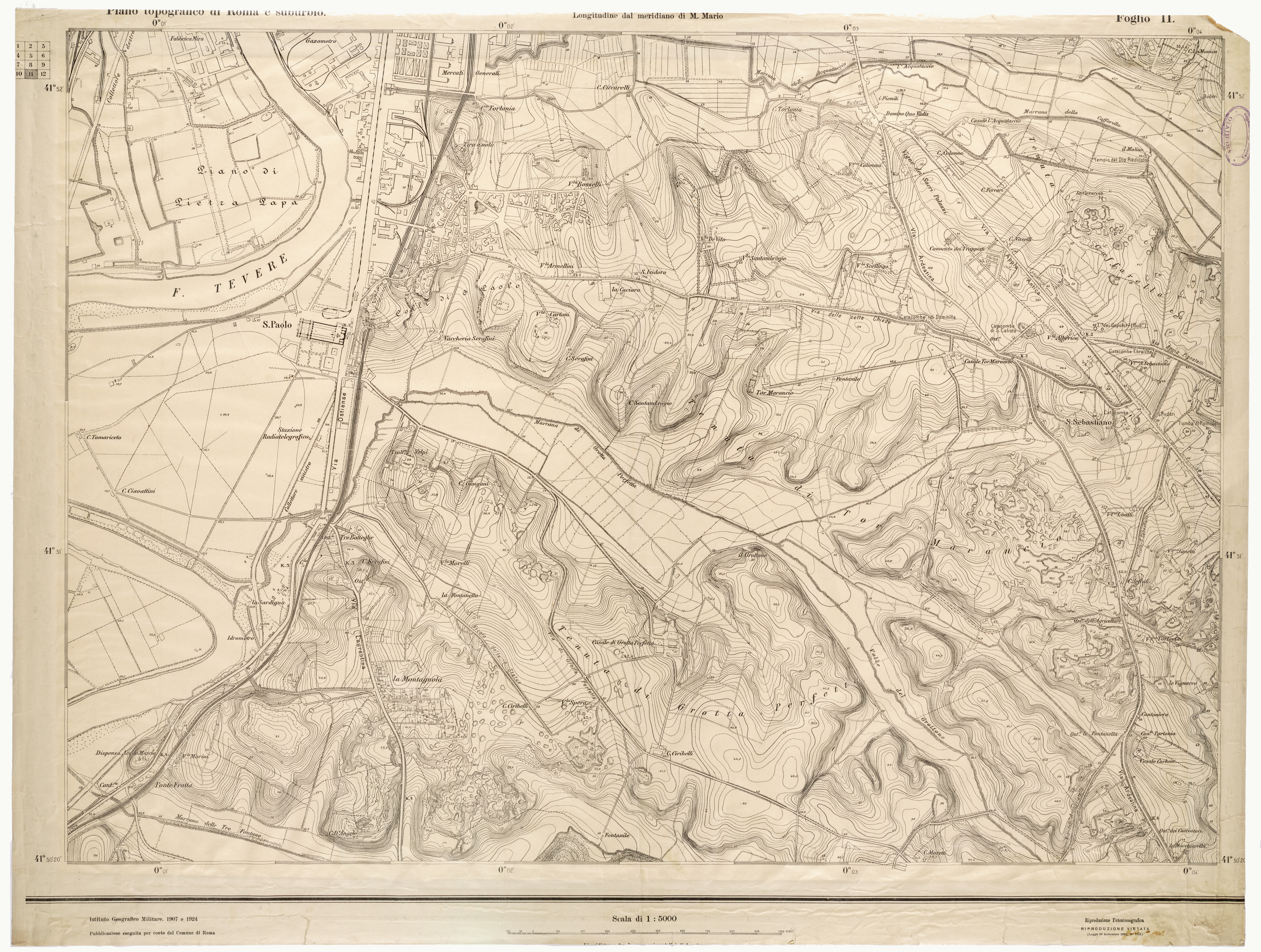 (N:25630) PIANO TOPOGRAFICO DI ROMA E SUBURBIO - FOGLIO 11 (CA008829) Carte e stampe antiche: riproduzione a colori su carta (formato A1)