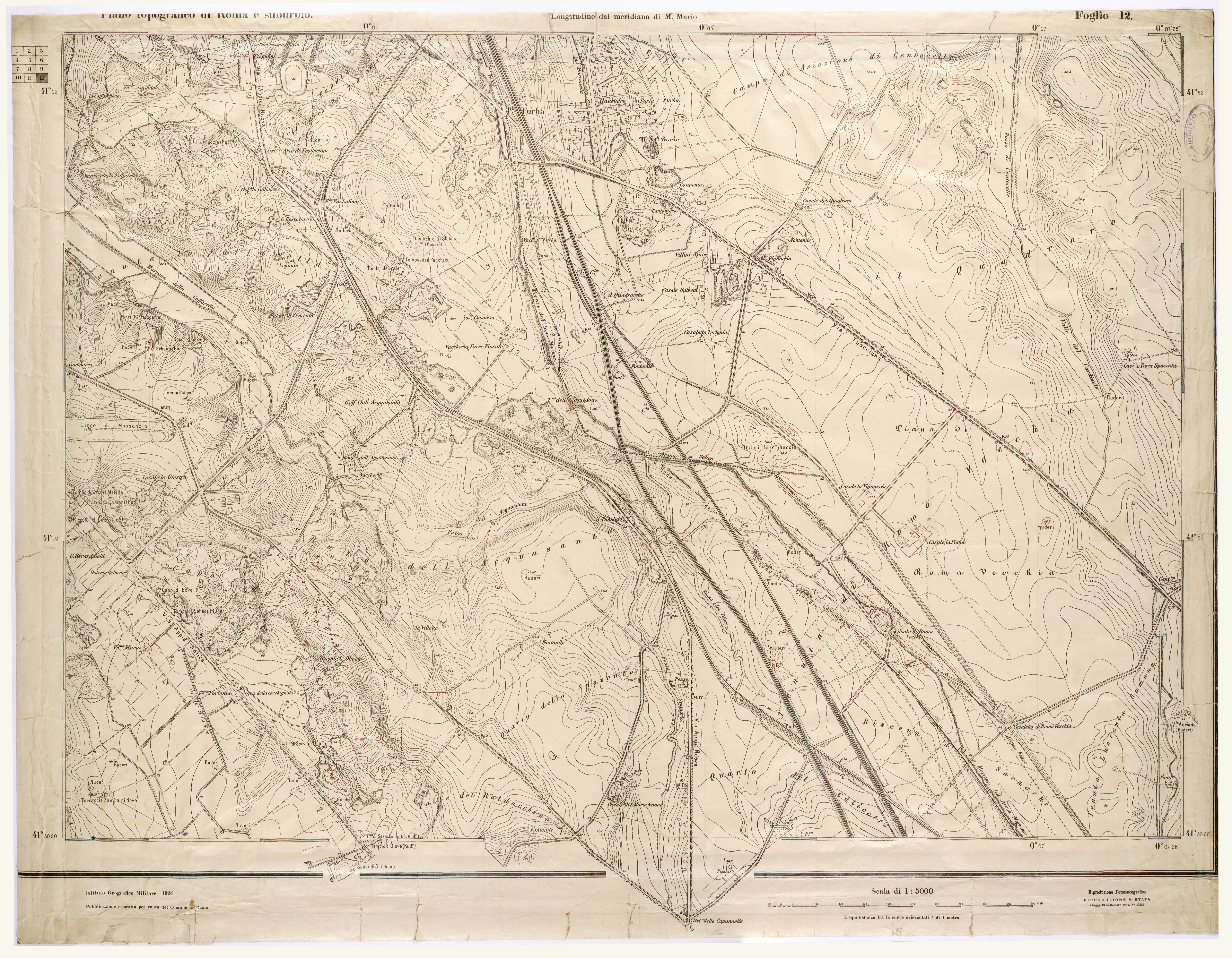 (N:25632) PIANO TOPOGRAFICO DI ROMA E SUBURBIO - FOGLIO 12 (CA008831) Carte e stampe antiche: riproduzione a colori su carta (formato A1)