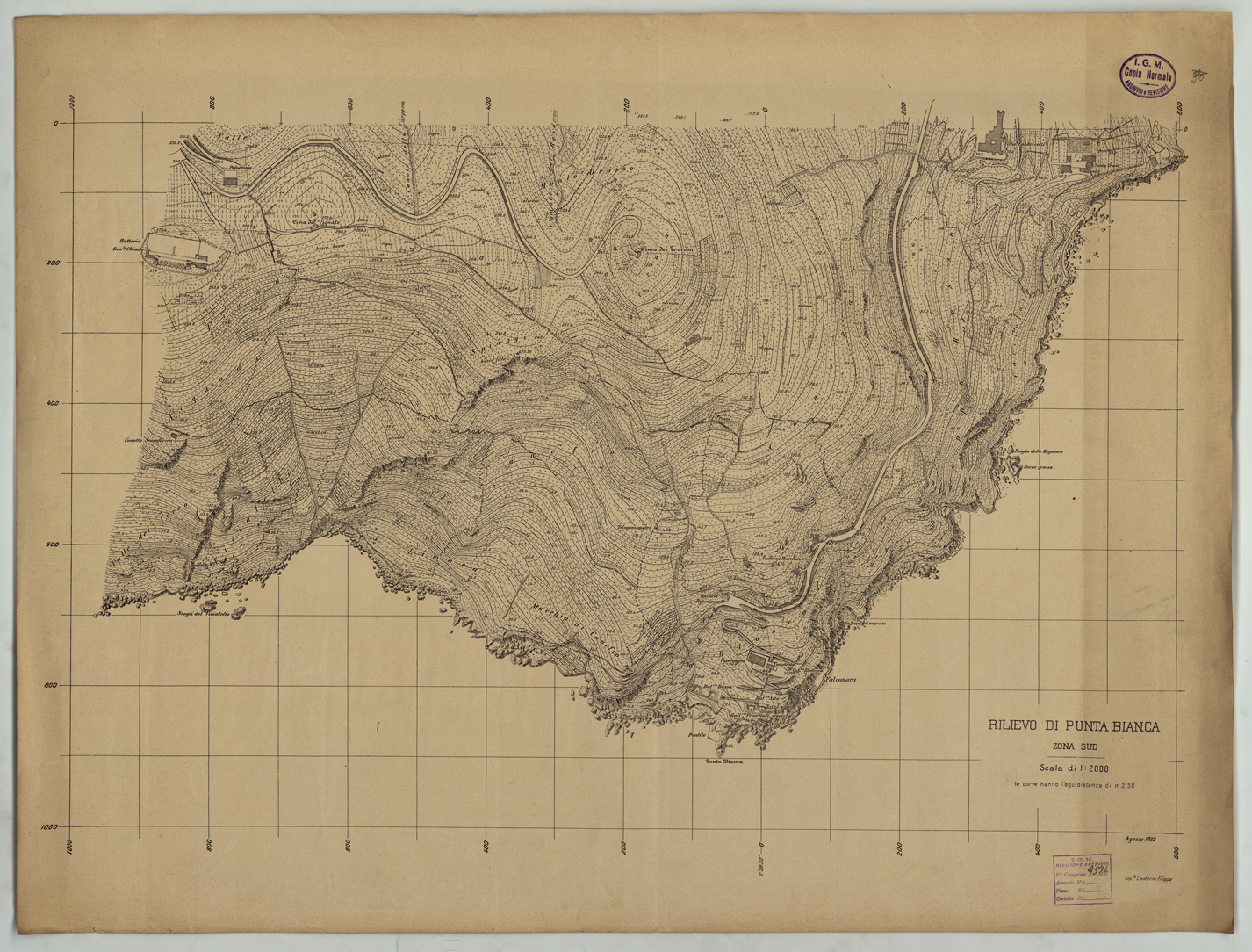 (N:25672) RILIEVO DI PUNTA BIANCA - ZONA SUD (CA008871) Carte e stampe antiche: riproduzione a colori su carta (formato A1)