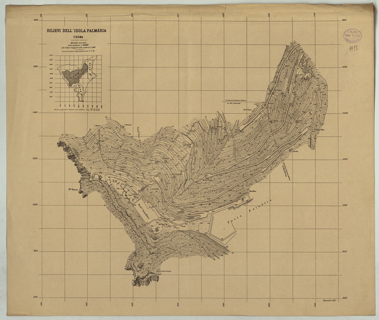 (N:25673) RILIEVI DELL'ISOLA PALMARIA - 1 ZONA. (CA008872) Carte e stampe antiche: riproduzione a colori su carta (formato A1)