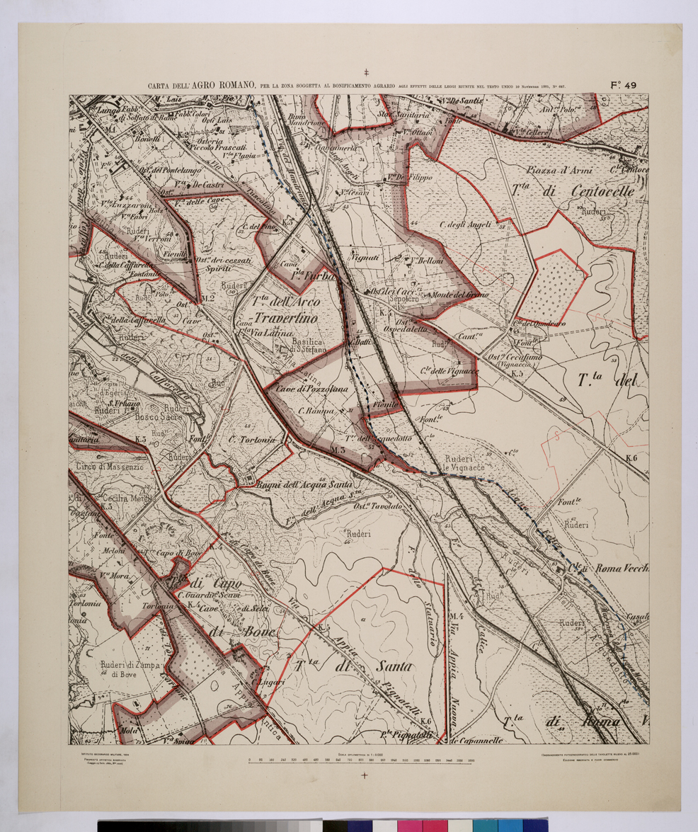(N:25680) CARTA DELL'AGRO ROMANO NEL RAPPORTO DI 1:8.000 PER LA ZONA SOGGETTA AL BONIFICAMENTO AGRARIO AGLI EFFETTI DELLE LEGGI RIUNITE IN TESTO UNICO CON R.D. 10 NOVEMBRE 1905 N647 - FOGLIO 49. (CA008878) Carte e stampe antiche: riproduzione a colori su carta (formato A1)