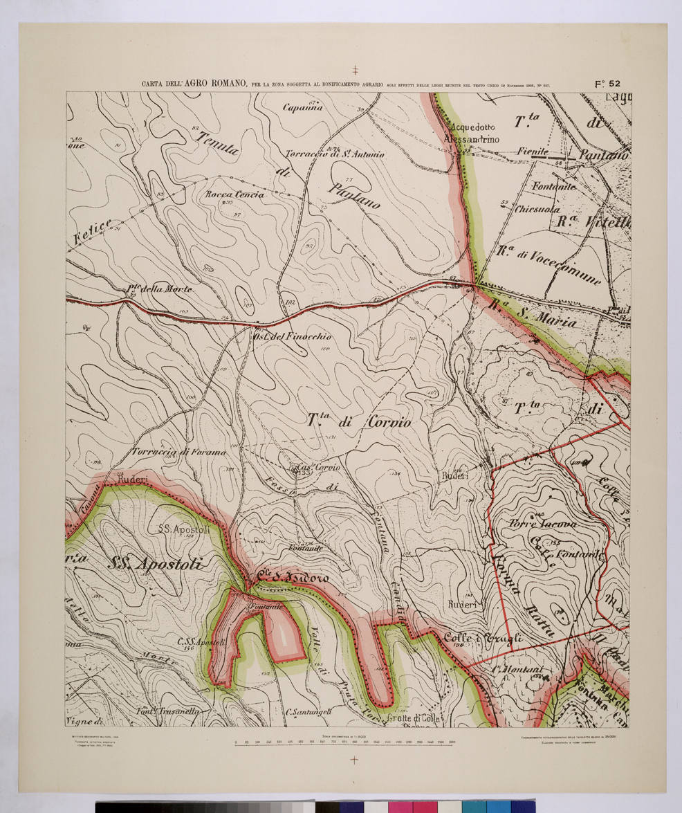(N:25682) 59x70CARTA DELL'AGRO ROMANO NEL RAPPORTO DI 1:8.000 PER LA ZONA SOGGETTA AL BONIFICAMENTO AGRARIO AGLI EFFETTI DELLE LEGGI RIUNITE IN TESTO UNICO CON R.D. 10 NOVEMBRE 1905 N647 - FOGLIO 52. (CA008881) Carte e stampe antiche: riproduzione a colori su carta (formato A1)