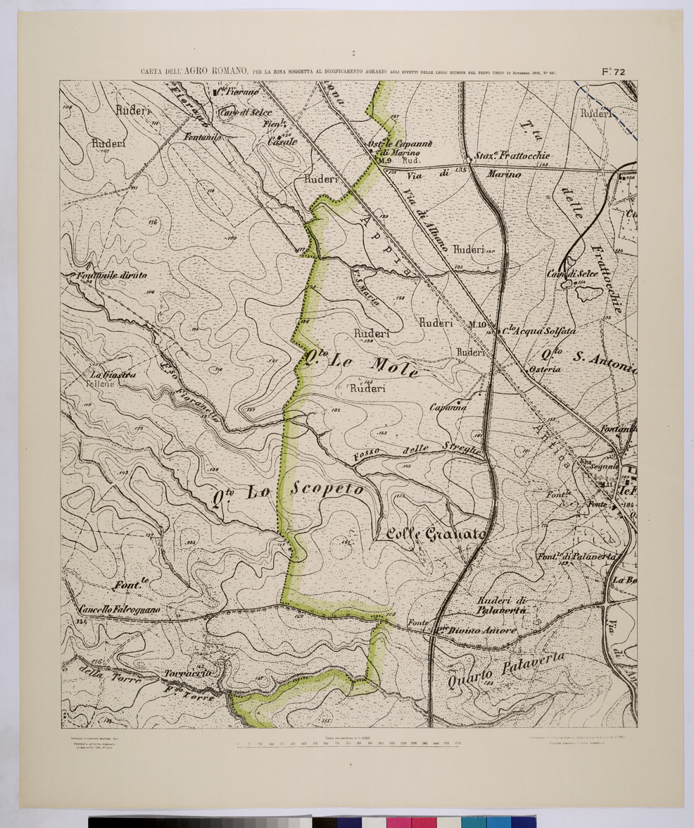 (N:25702) CARTA DELL'AGRO ROMANO NEL RAPPORTO DI 1:8.000 PER LA ZONA SOGGETTA AL BONIFICAMENTO AGRARIO AGLI EFFETTI DELLE LEGGI RIUNITE IN TESTO UNICO CON R.D. 10 NOVEMBRE 1905 N647 - FOGLIO 72. (CA008901) Carte e stampe antiche: riproduzione a colori su carta (formato A1)