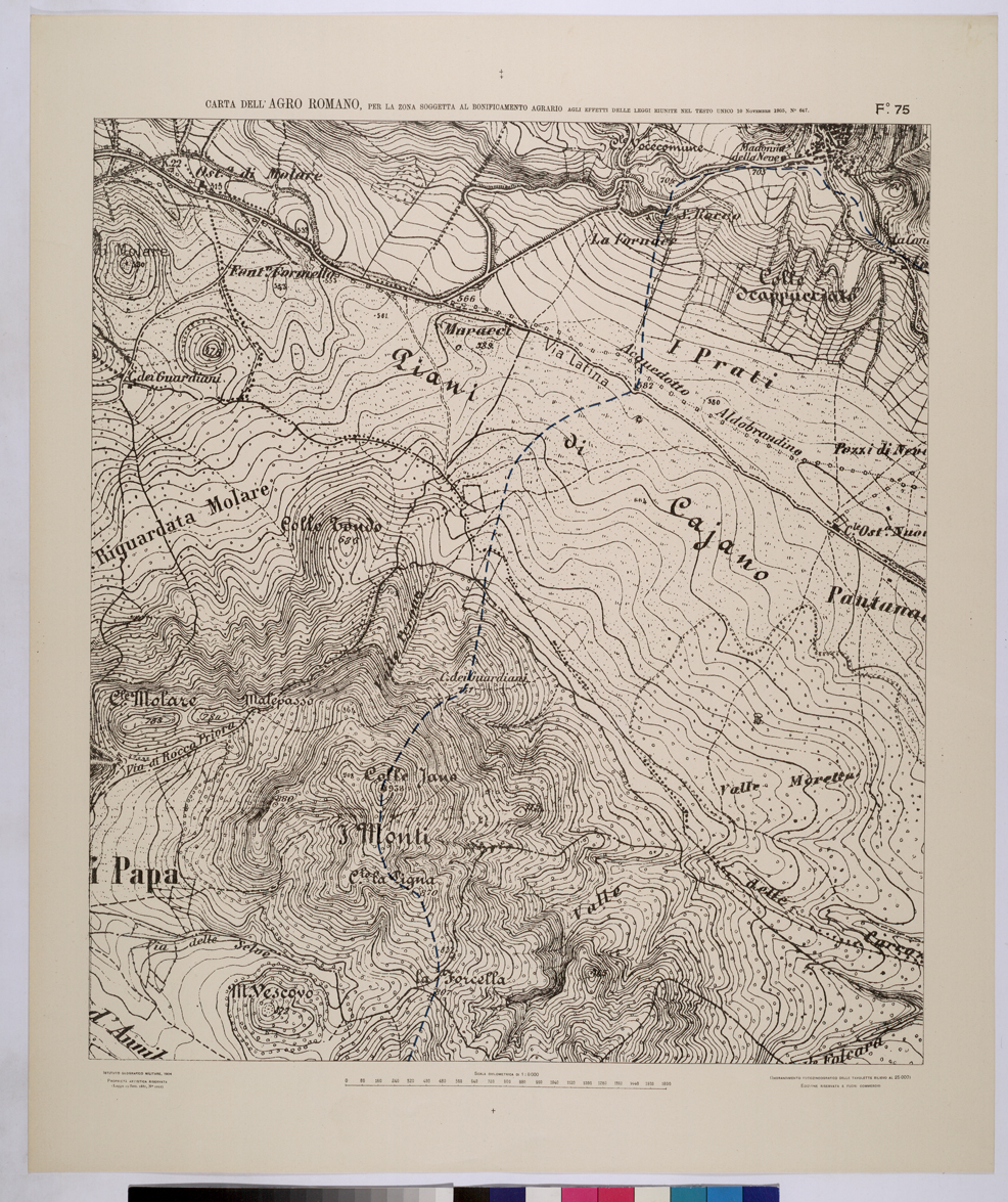 (N:25705) CARTA DELL'AGRO ROMANO NEL RAPPORTO DI 1:8.000 PER LA ZONA SOGGETTA AL BONIFICAMENTO AGRARIO AGLI EFFETTI DELLE LEGGI RIUNITE IN TESTO UNICO CON R.D. 10 NOVEMBRE 1905 N647 - FOGLIO 75. (CA008904) Carte e stampe antiche: riproduzione a colori su carta (formato A1)