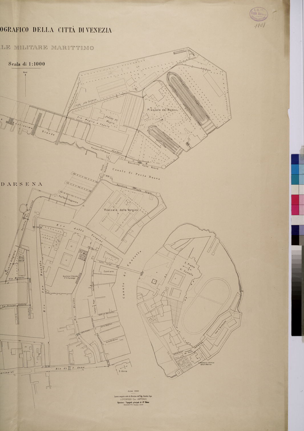 (N:25712) RILEVAMENTO TOPOGRAFICO DELLA CITTA' DI VENEZIA R. ARSENALE MILITARE MARITTIMO - PARTE 1. (CA008911, CA008912) Carte e stampe antiche: riproduzione a colori su carta (formato A1)