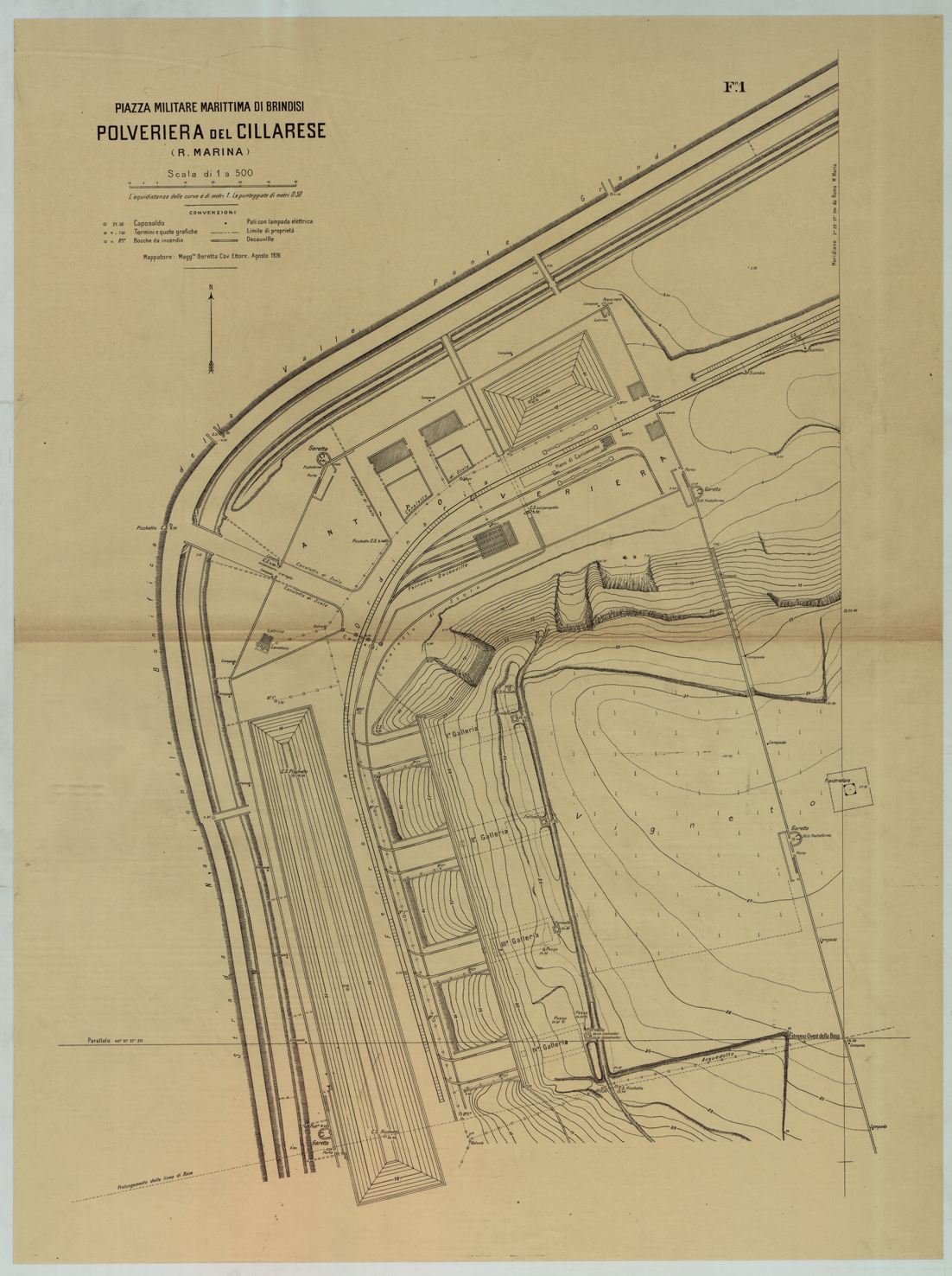 (N:25775) PIAZZA MILITARE MARITTIMA DI BRINDISI POLVERIERA DEL CILLARESE R. MARINA - FOGLIO 1. (CA008975) Carte e stampe antiche: riproduzione a colori su carta (formato A1)