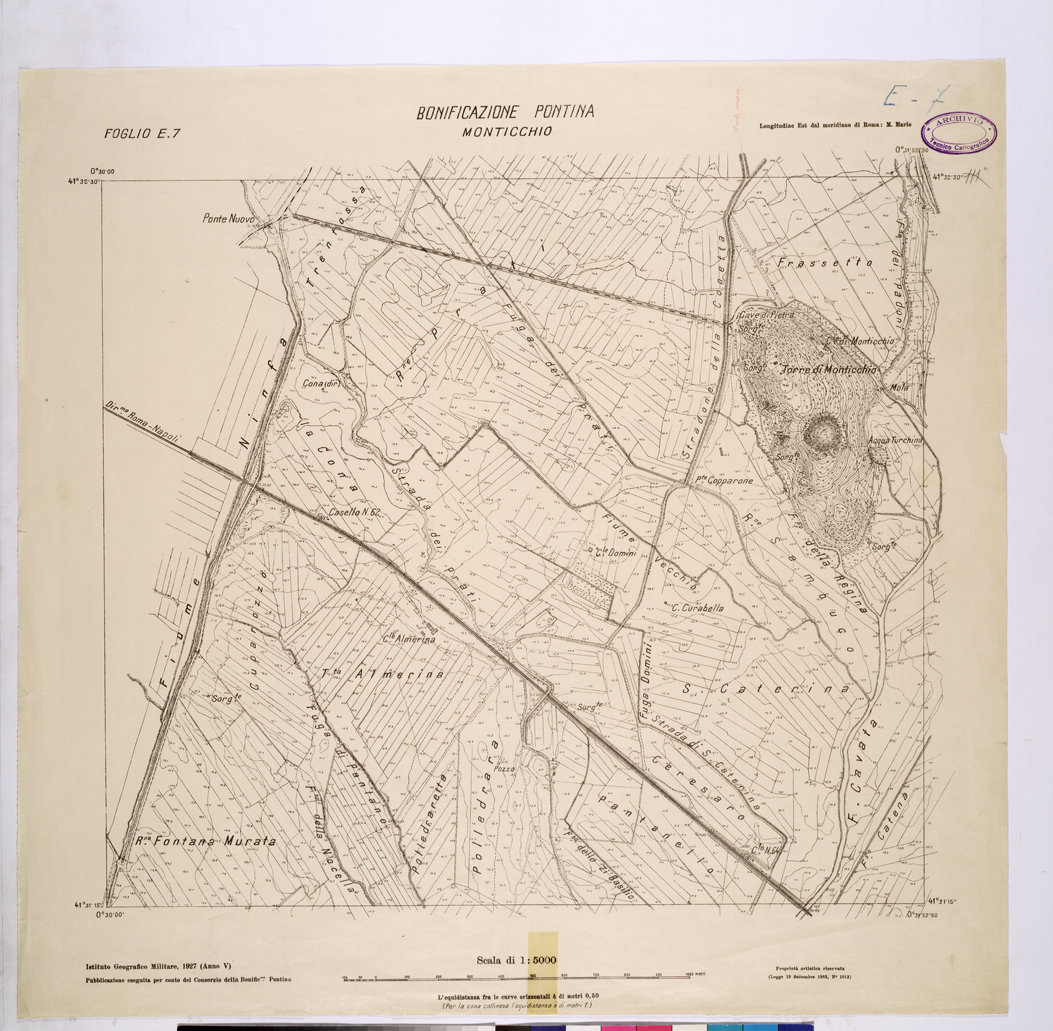 (N:25844) CONSORZI DI BONIFICA DI PISCINARA E BONIFICAZIONE PONTINA - FOGLIO E.7 MONTICCHIO. (CA009043) Carte e stampe antiche: riproduzione a colori su carta (formato A1)