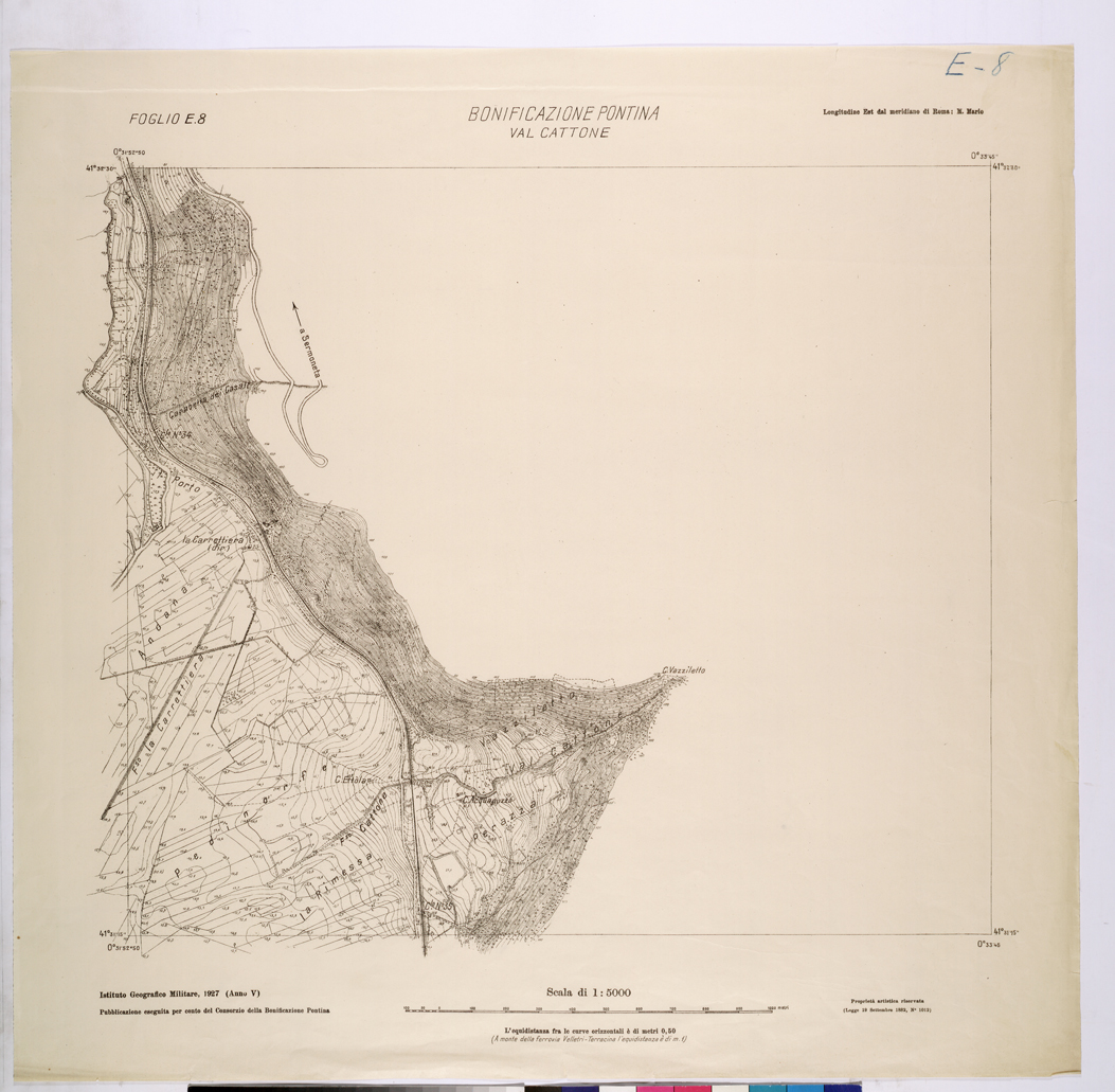 (N:25845) CONSORZI DI BONIFICA DI PISCINARA E BONIFICAZIONE PONTINA - FOGLIO E.8 VAL CATTONE. (CA009044) Carte e stampe antiche: riproduzione a colori su carta (formato A1)