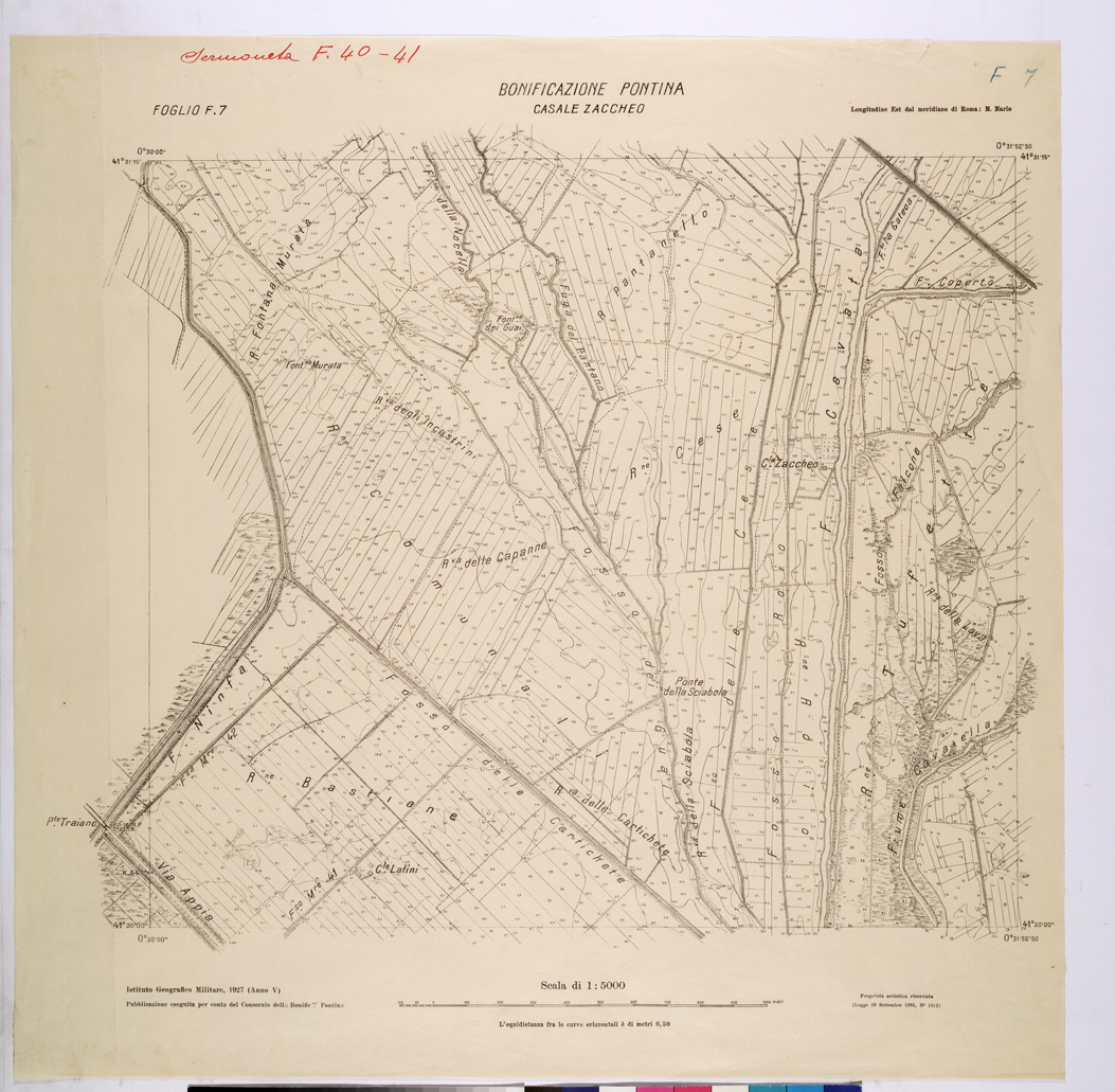 (N:25846) CONSORZI DI BONIFICA DI PISCINARA E BONIFICAZIONE PONTINA - FOGLIO F.7 CASALE ZACCHEO. (CA009045) Carte e stampe antiche: riproduzione a colori su carta (formato A1)