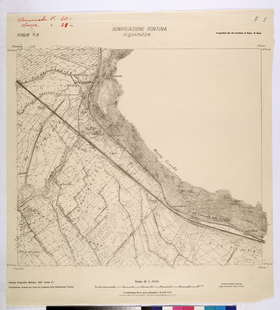 (N:25847) CONSORZI DI BONIFICA DI PISCINARA E BONIFICAZIONE PONTINA - F.8 ACQUAPUZZA. (CA009046) Carte e stampe antiche: riproduzione a colori su carta (formato A1)