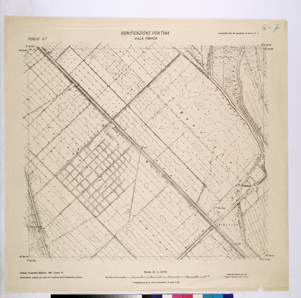 (N:25848) CONSORZI DI BONIFICA DI PISCINARA E BONIFICAZIONE PONTINA - F.G7 VILLA FRANCA. (CA009047) Carte e stampe antiche: riproduzione a colori su carta (formato A1)