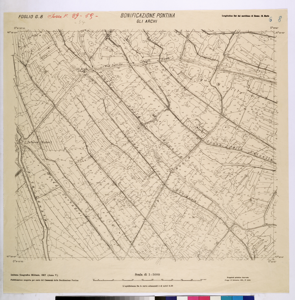 (N:25849) CONSORZI DI BONIFICA DI PISCINARA E BONIFICAZIONE PONTINA - G.8 GLI ARCHI. (CA009048) Carte e stampe antiche: riproduzione a colori su carta (formato A1)