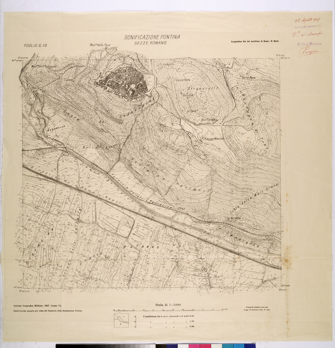 (N:25851) CONSORZI DI BONIFICA DI PISCINARA E BONIFICAZIONE PONTINA - G.10 SEZZE ROMANO. (CA009050) Carte e stampe antiche: riproduzione a colori su carta (formato A1)
