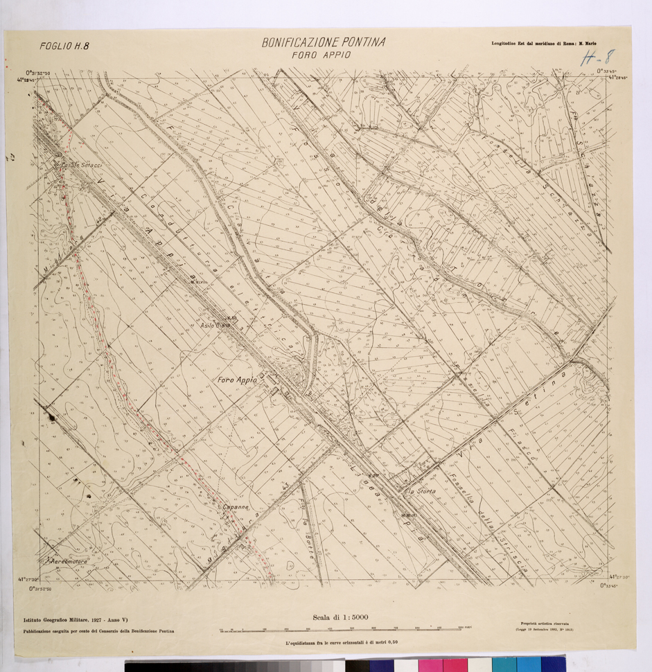 (N:25853) CONSORZI DI BONIFICA DI PISCINARA E BONIFICAZIONE PONTINA - F.H8 FORO APPIO. (CA009052) Carte e stampe antiche: riproduzione a colori su carta (formato A1)