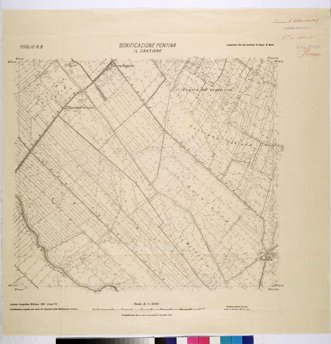 (N:25854) CONSORZI DI BONIFICA DI PISCINARA E BONIFICAZIONE PONTINA - F.H9 IL CANTIERE. (CA009053) Carte e stampe antiche: riproduzione a colori su carta (formato A1)