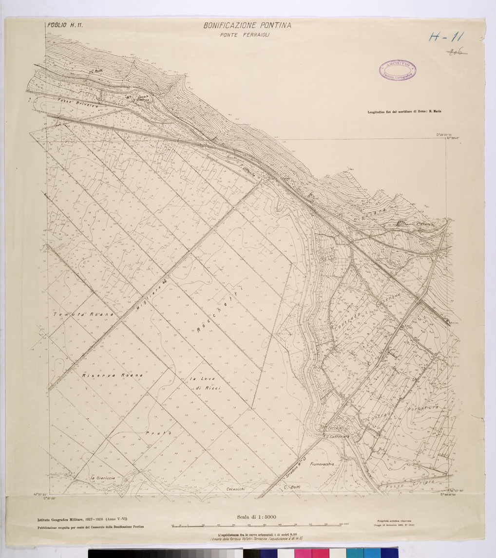 (N:25856) CONSORZI DI BONIFICA DI PISCINARA E BONIFICAZIONE PONTINA - F.H11 PONTE FERRAIOLI. (CA009055) Carte e stampe antiche: riproduzione a colori su carta (formato A1)