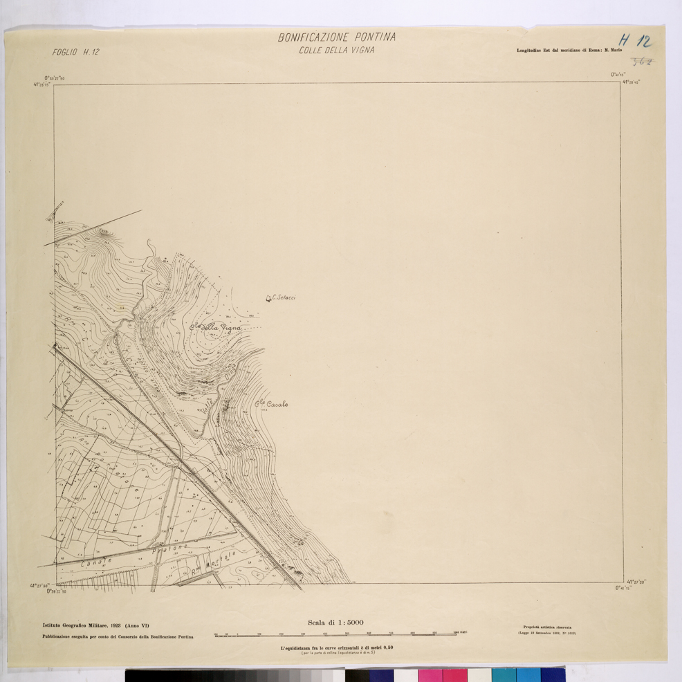 (N:25857) CONSORZI DI BONIFICA DI PISCINARA E BONIFICAZIONE PONTINA - F.H12 COLLE DELLA VIGNA. (CA009056) Carte e stampe antiche: riproduzione a colori su carta (formato A1)