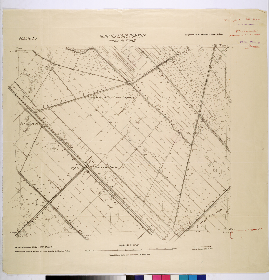 (N:25859) CONSORZI DI BONIFICA DI PISCINARA E BONIFICAZIONE PONTINA - F.I9 BOCCA DI FIUME. (CA009058) Carte e stampe antiche: riproduzione a colori su carta (formato A1)