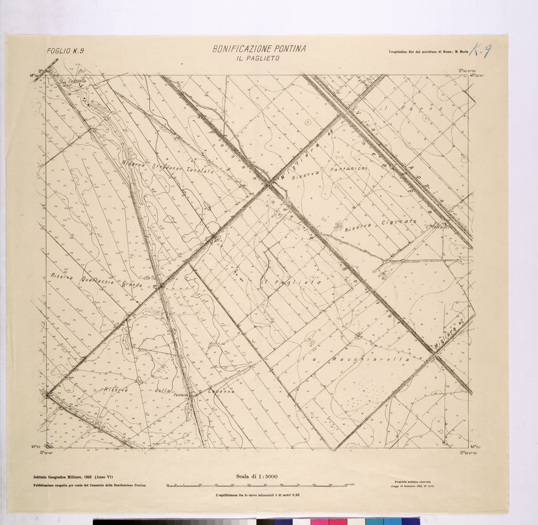 (N:25864) CONSORZI DI BONIFICA DI PISCINARA E BONIFICAZIONE PONTINA - F.K9 IL PAGLIETO. (CA009063) Carte e stampe antiche: riproduzione a colori su carta (formato A1)
