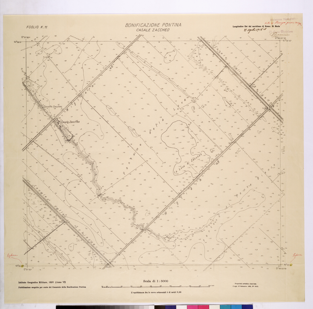 (N:25866) CONSORZI DI BONIFICA DI PISCINARA E BONIFICAZIONE PONTINA - F.K11 CASALE ZACCHEO. (CA009065) Carte e stampe antiche: riproduzione a colori su carta (formato A1)