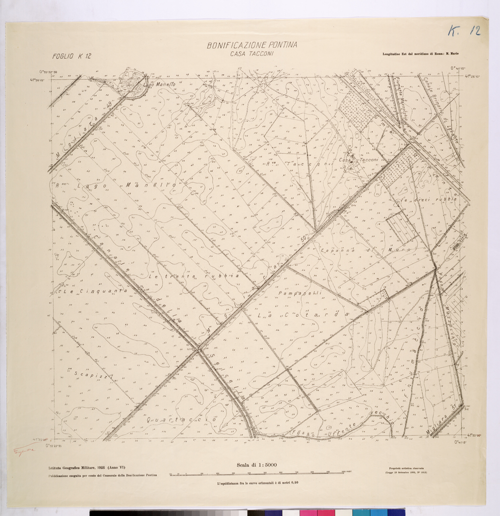 (N:25867) CONSORZI DI BONIFICA DI PISCINARA E BONIFICAZIONE PONTINA - F.K12 CASA TACCONI. (CA009066) Carte e stampe antiche: riproduzione a colori su carta (formato A1)