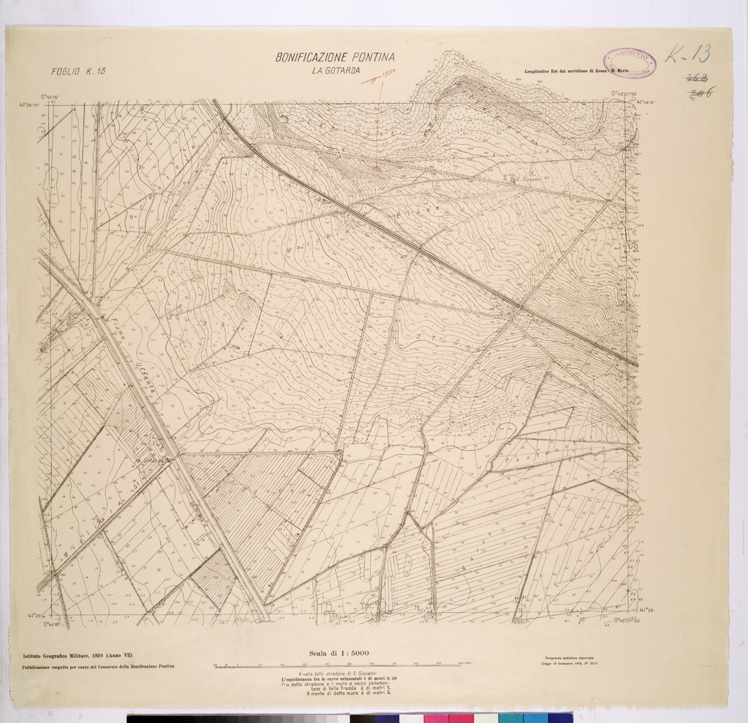 (N:25868) CONSORZI DI BONIFICA DI PISCINARA E BONIFICAZIONE PONTINA - F.K13 LA GOTARDA. (CA009067) Carte e stampe antiche: riproduzione a colori su carta (formato A1)