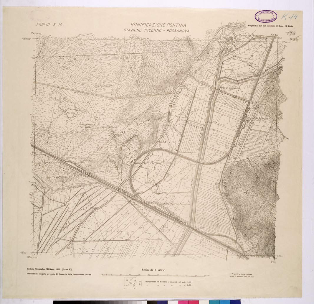 (N:25869) CONSORZI DI BONIFICA DI PISCINARA E BONIFICAZIONE PONTINA - F.K14 STAZIONE PICERNO FOSSANOVA. (CA009068) Carte e stampe antiche: riproduzione a colori su carta (formato A1)