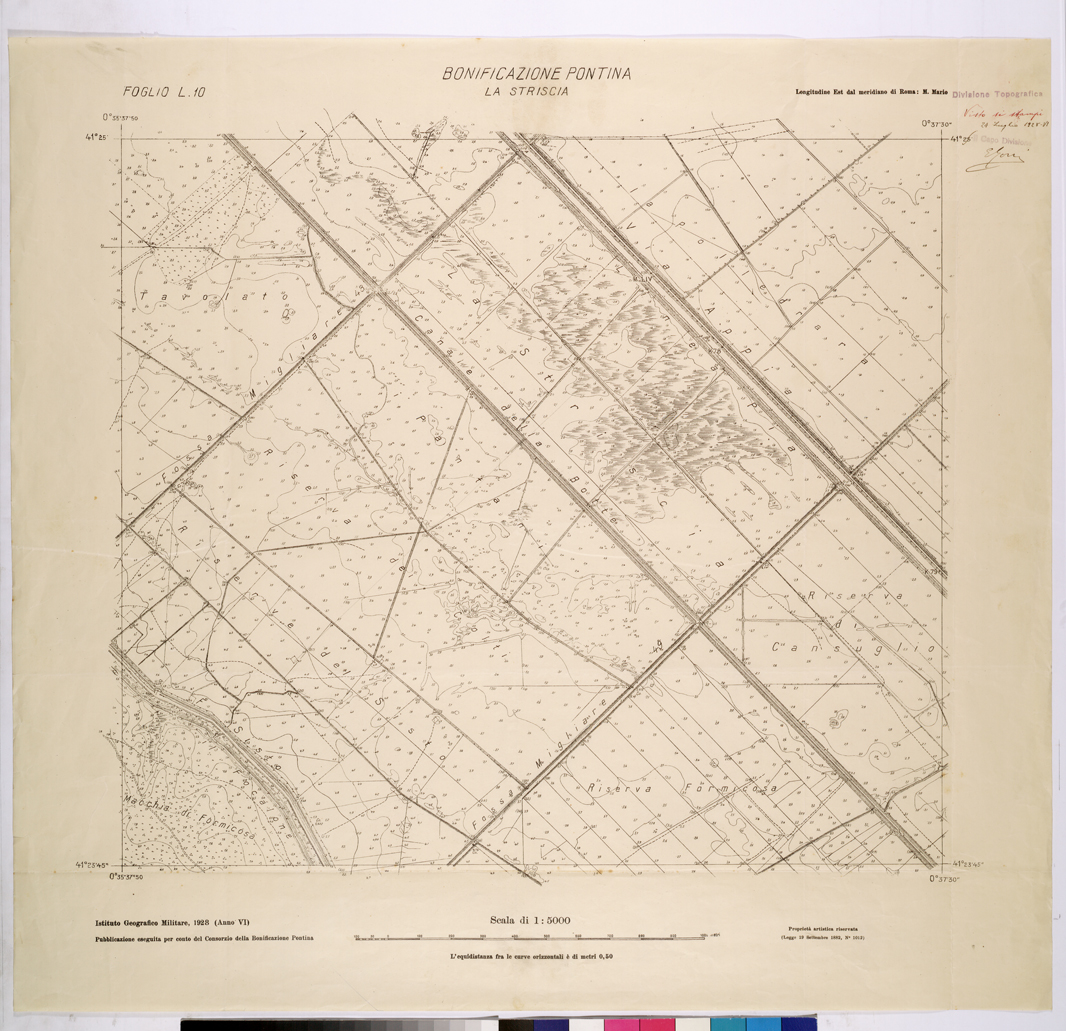 (N:25871) CONSORZI DI BONIFICA DI PISCINARA E BONIFICAZIONE PONTINA - F.L10 LA STRISCIA. (CA009070) Carte e stampe antiche: riproduzione a colori su carta (formato A1)