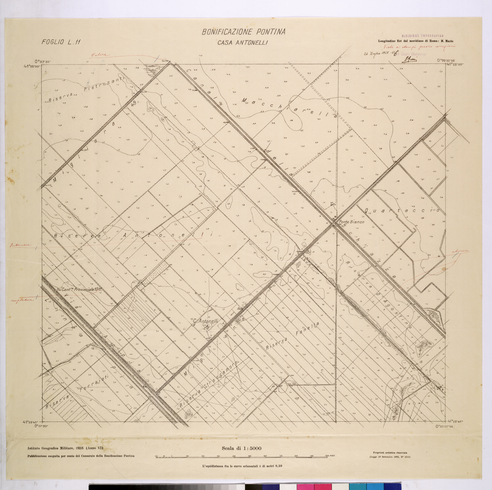 (N:25872) CONSORZI DI BONIFICA DI PISCINARA E BONIFICAZIONE PONTINA - F.L11 CASA ANTONELLI. (CA009071) Carte e stampe antiche: riproduzione a colori su carta (formato A1)